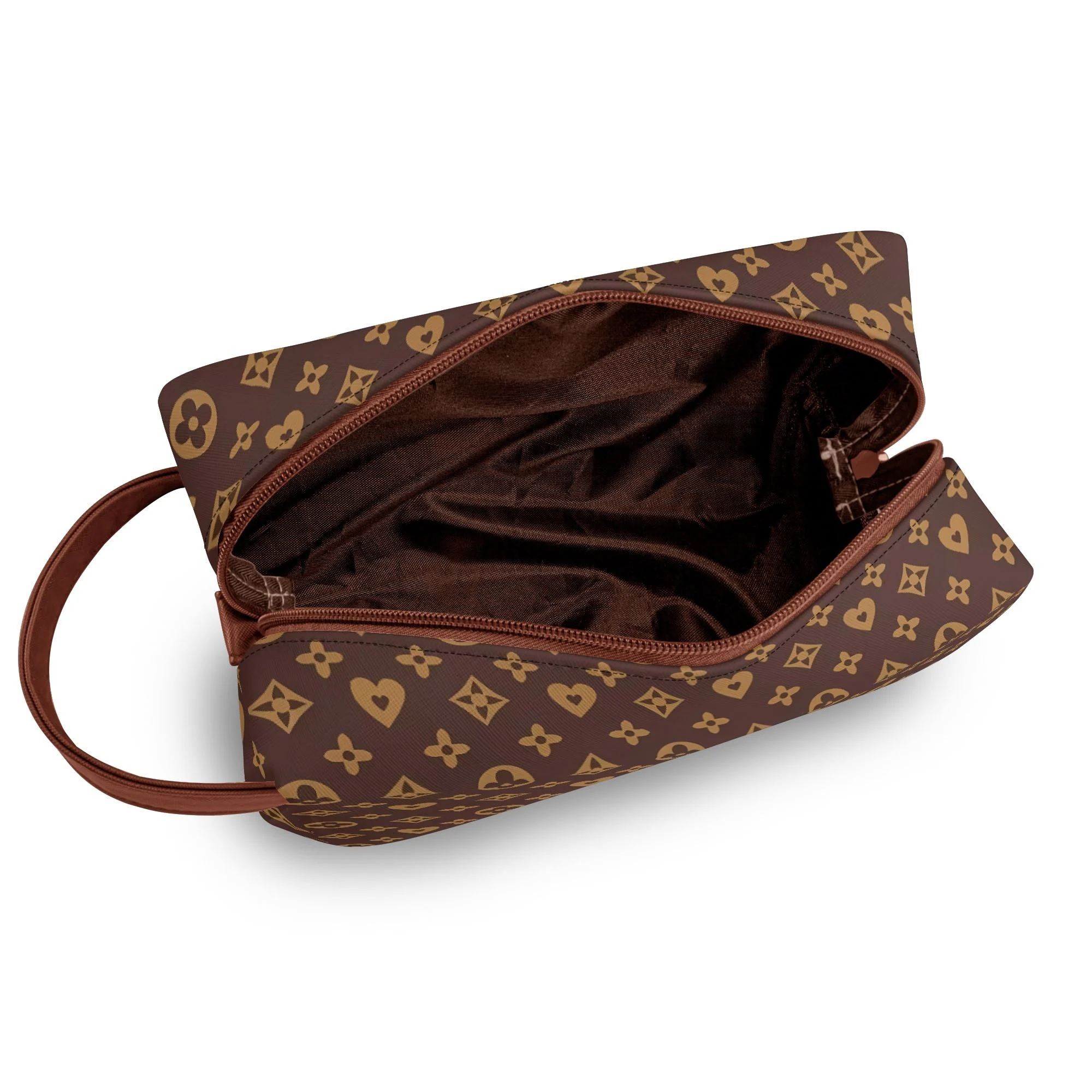 Neceser de viaje en piel PU con estampado floral marrón y dorado, mostrando compartimentos internos y cremallera suave.