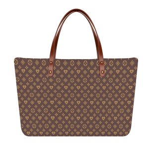 Bolso tote con estampado floral marrón y dorado, mostrando compartimento principal con cremallera y asas de piel PU.