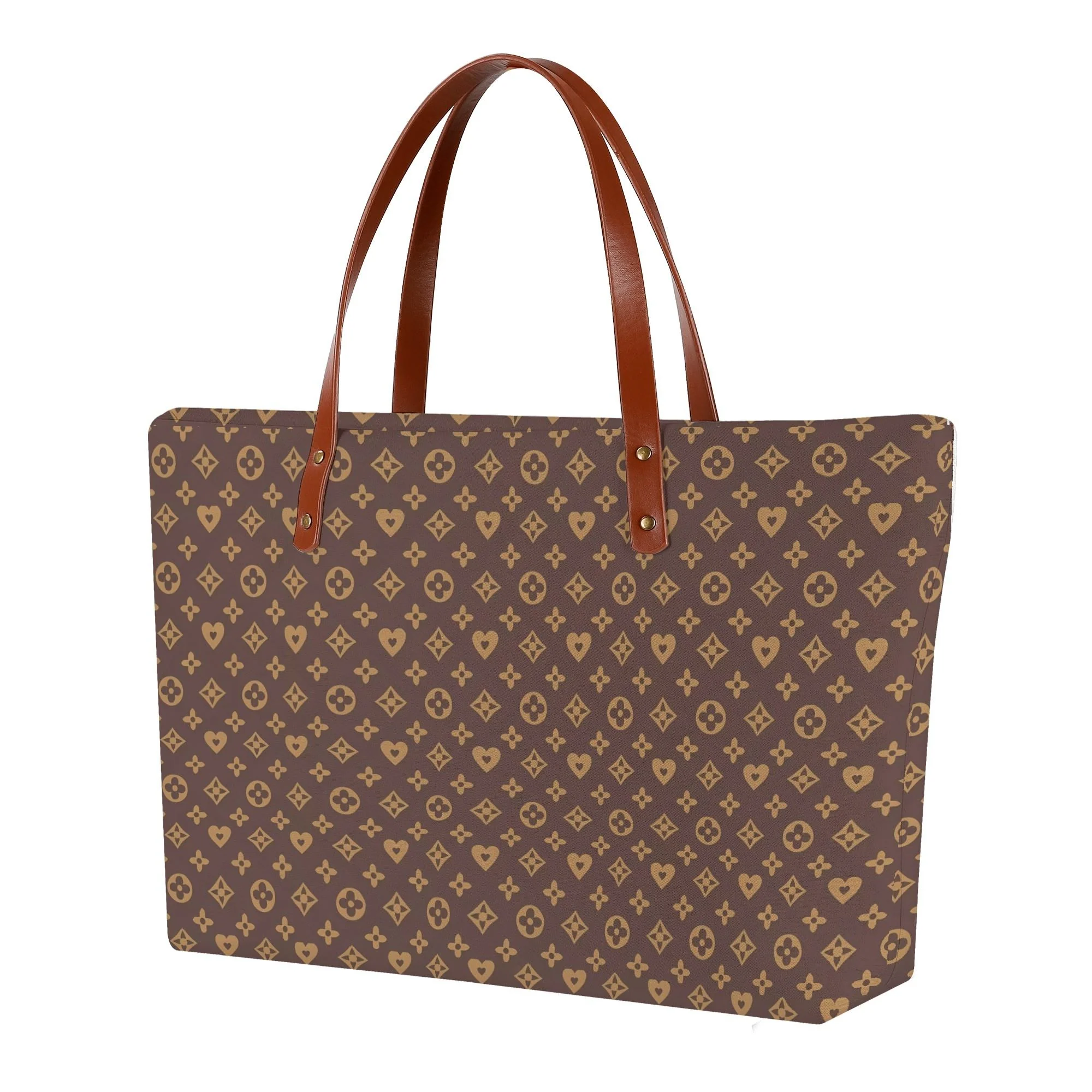 Bolso tote con estampado floral marrón y dorado, mostrando compartimento principal con cremallera y asas de piel PU.