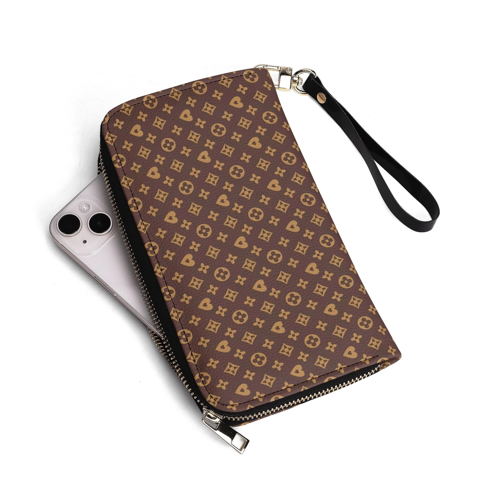 Cartera Monograma Chic en piel sintética con patrón elegante marrón oscuro y dorado.
