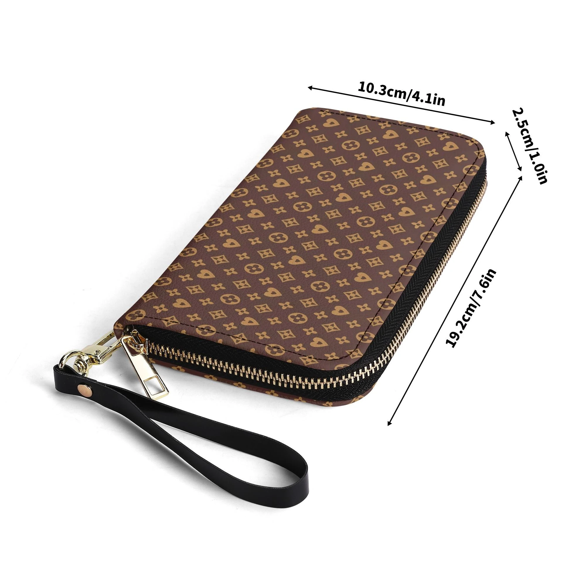 Cartera Monograma Chic en piel sintética con patrón elegante marrón oscuro y dorado.