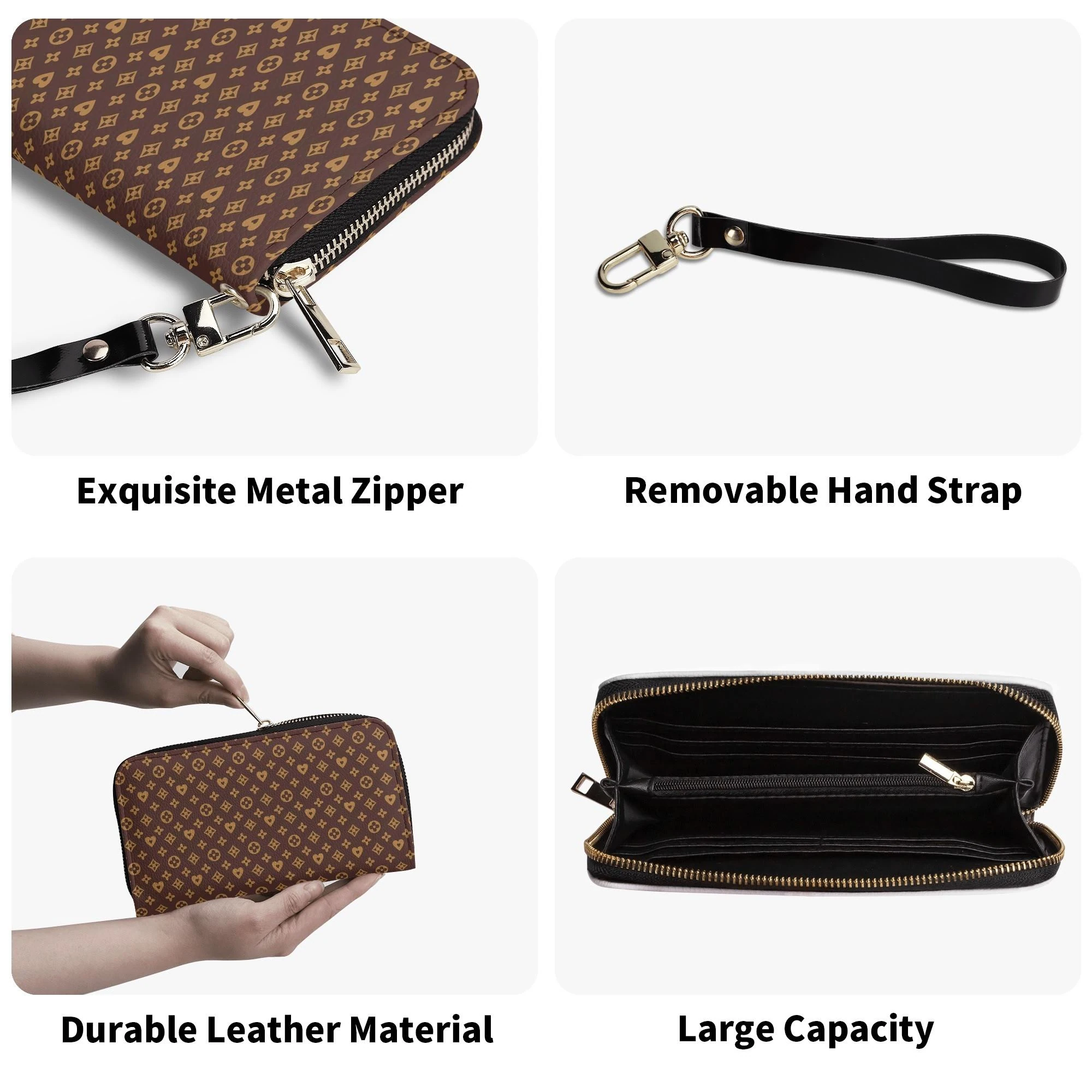 Cartera Monograma Chic en piel sintética con patrón elegante marrón oscuro y dorado.