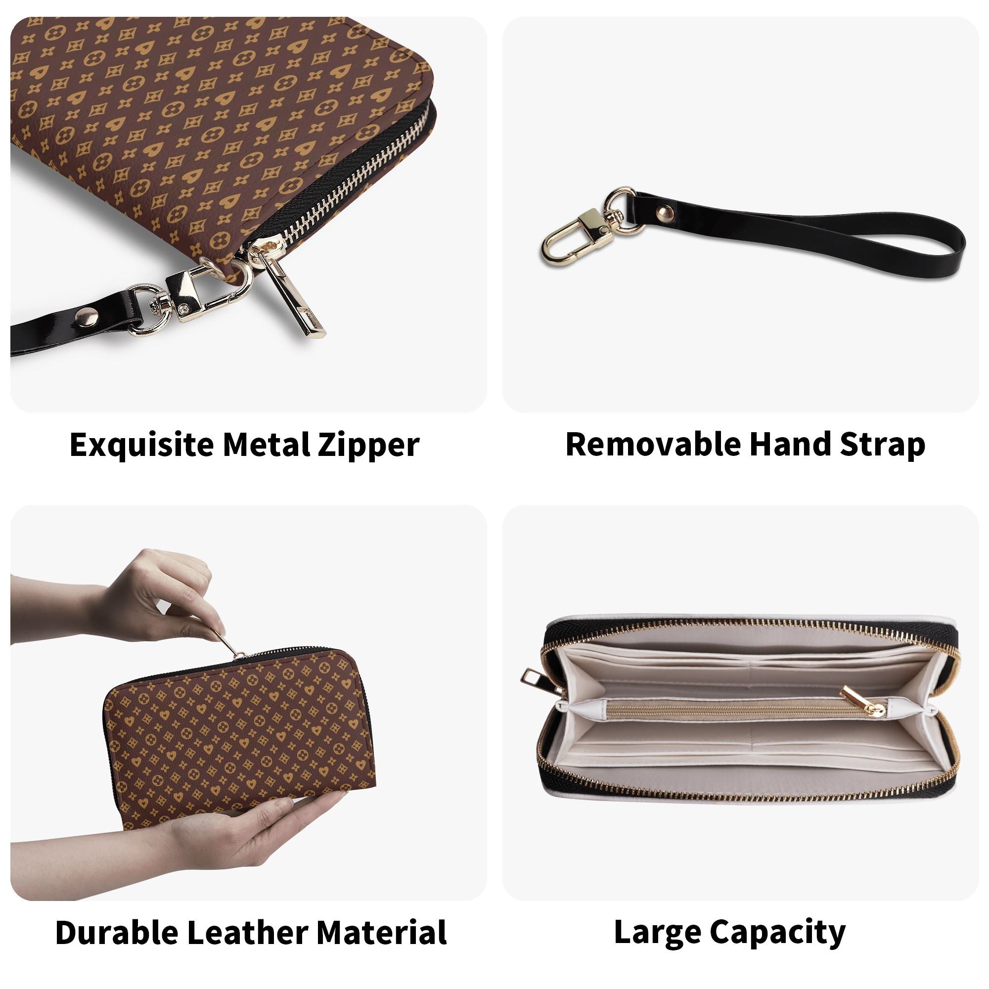 Cartera Monograma Chic en piel sintética con patrón elegante marrón oscuro y dorado.