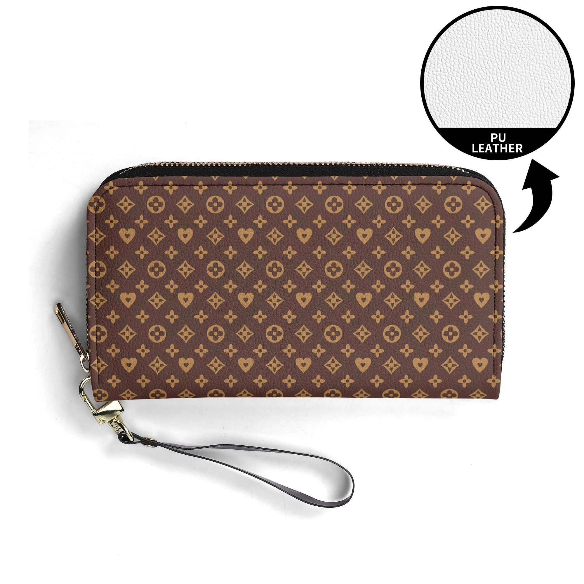 Cartera Monograma Chic en piel sintética con patrón elegante marrón oscuro y dorado.