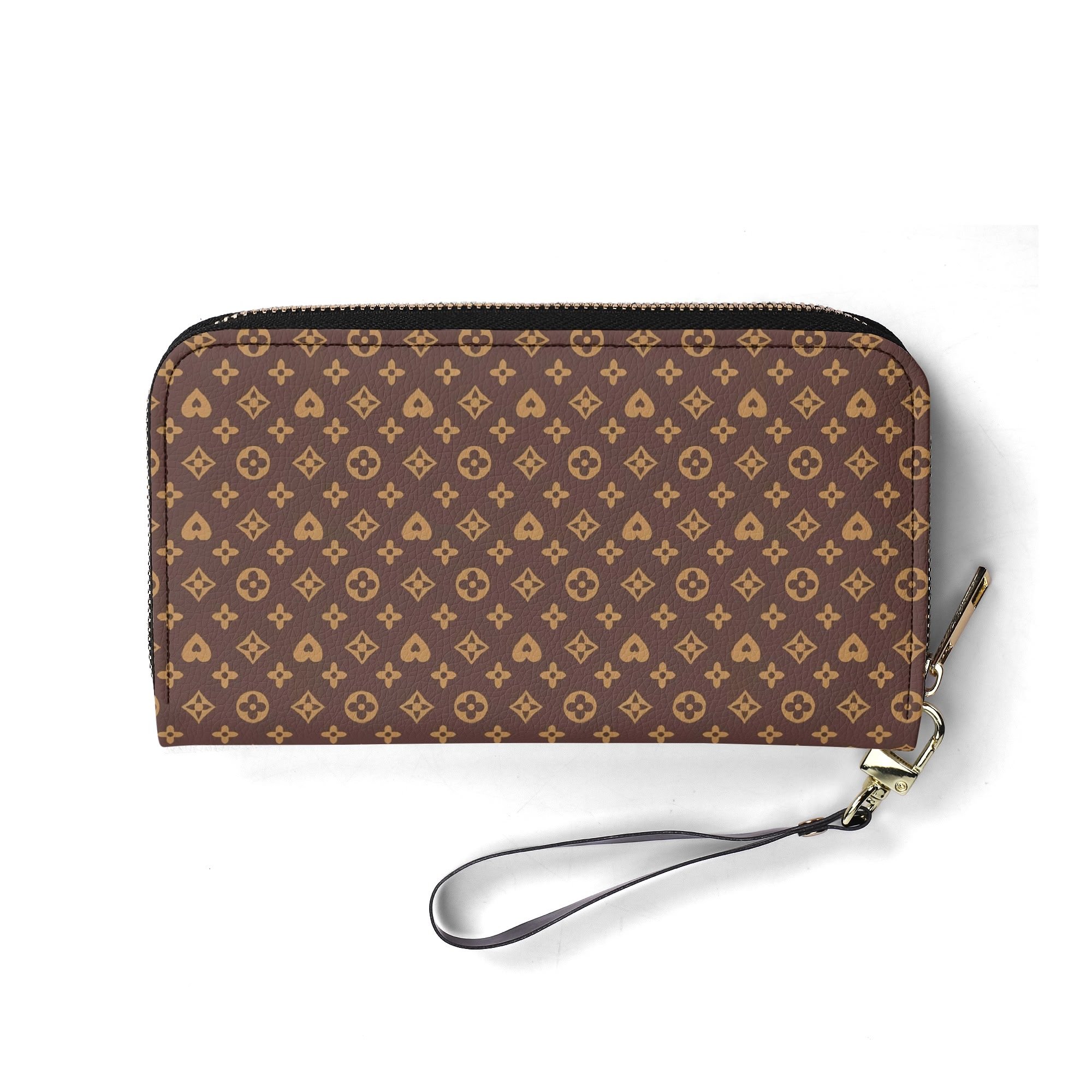 Cartera Monograma Chic en piel sintética con patrón elegante marrón oscuro y dorado.