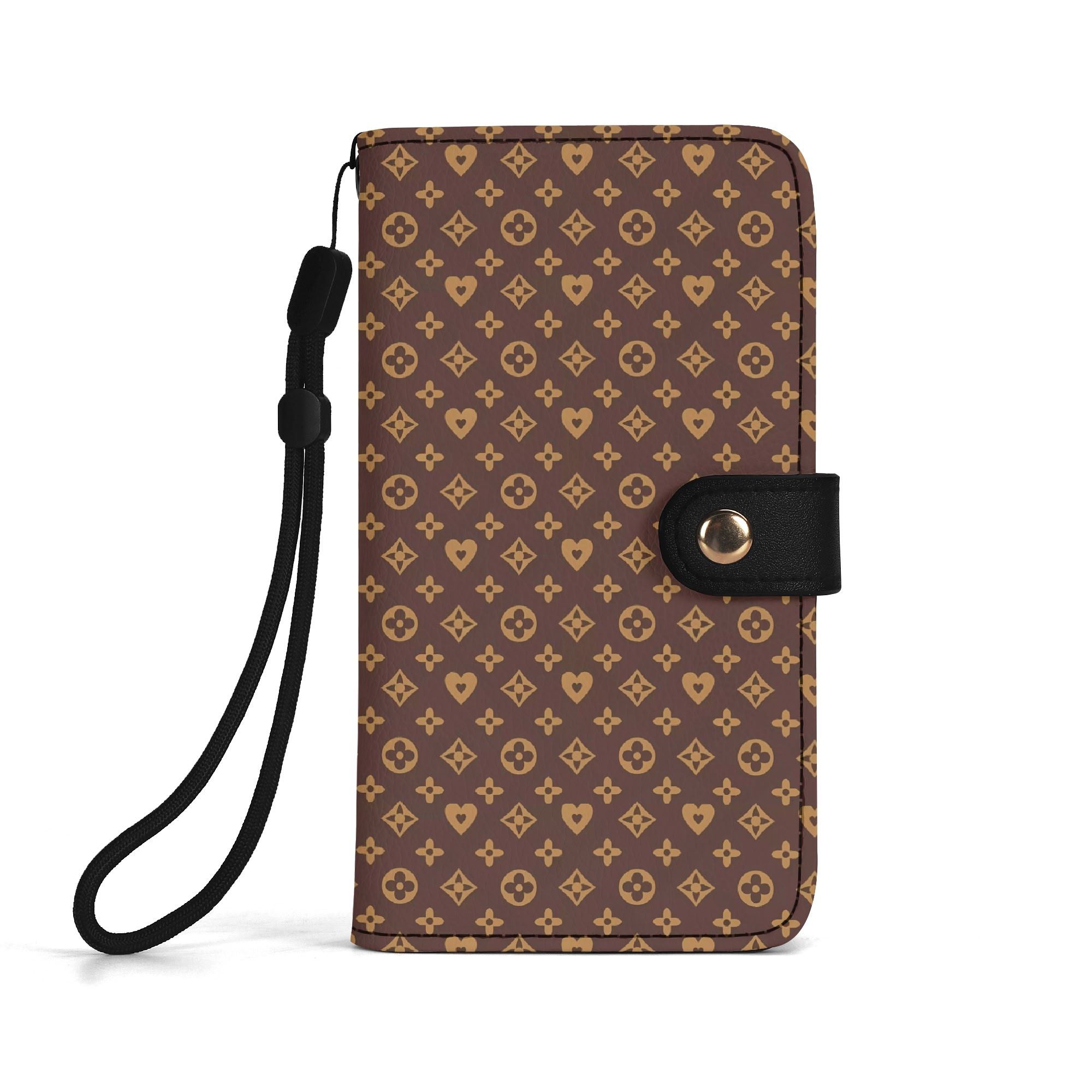 Funda Flip Marrón Premium en piel sintética con diseño en tonos marrón oscuro y dorado.