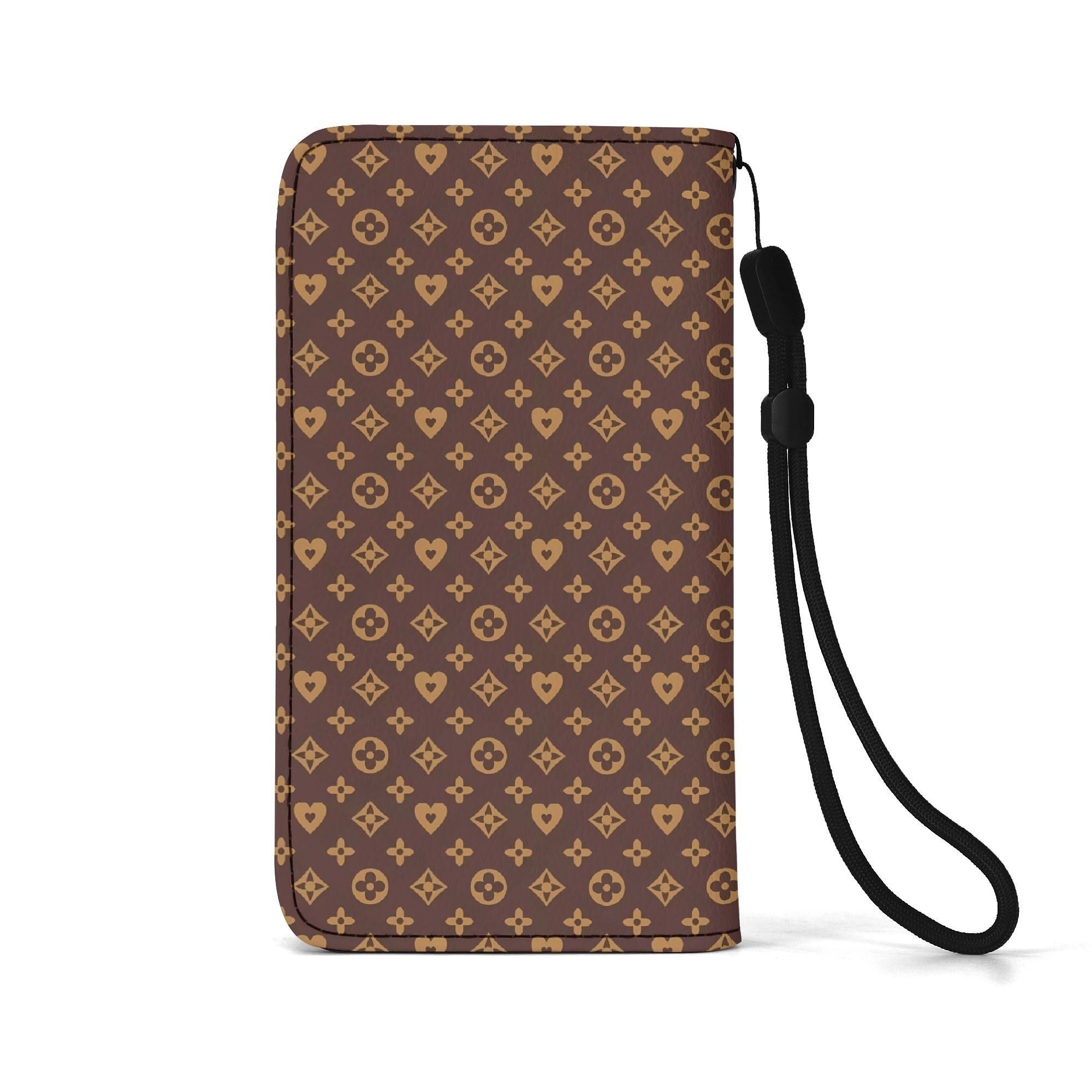 Funda Flip Marrón Premium en piel sintética con diseño en tonos marrón oscuro y dorado.