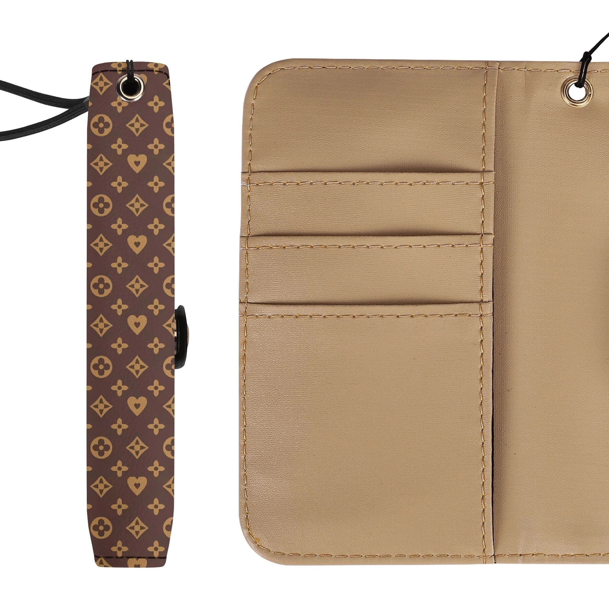 Funda Flip Marrón Premium en piel sintética con diseño en tonos marrón oscuro y dorado.