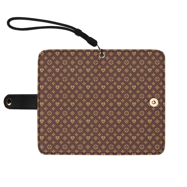 Funda Flip Marrón Premium en piel sintética con diseño en tonos marrón oscuro y dorado.