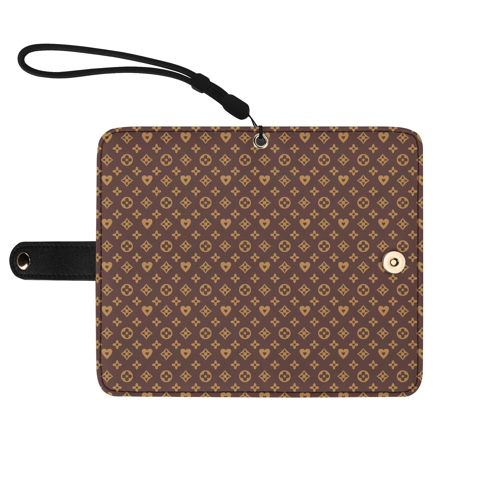 Funda Flip Marrón Premium en piel sintética con diseño en tonos marrón oscuro y dorado.