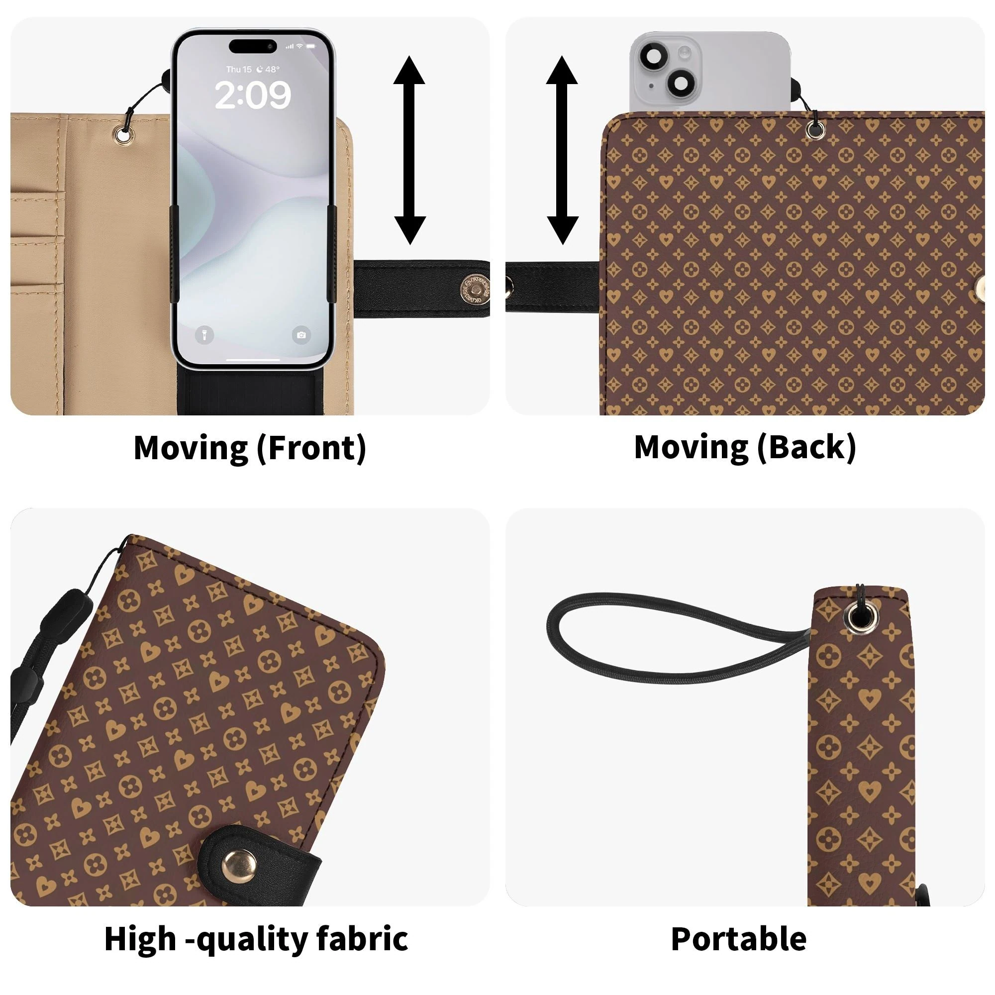 Funda Flip Marrón Premium en piel sintética con diseño en tonos marrón oscuro y dorado.