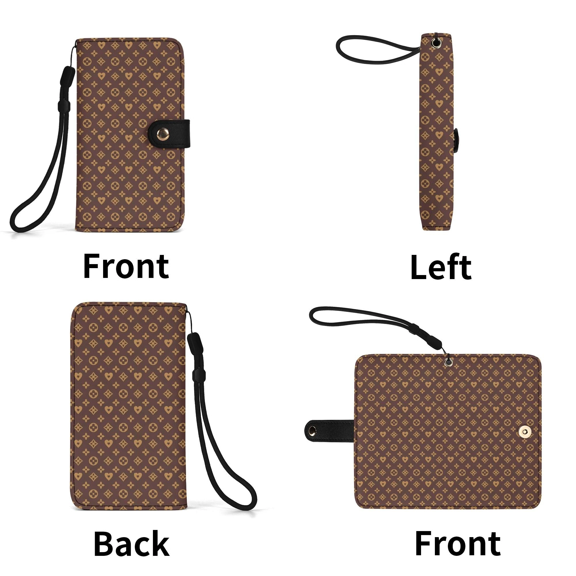 Funda Flip Marrón Premium en piel sintética con diseño en tonos marrón oscuro y dorado.