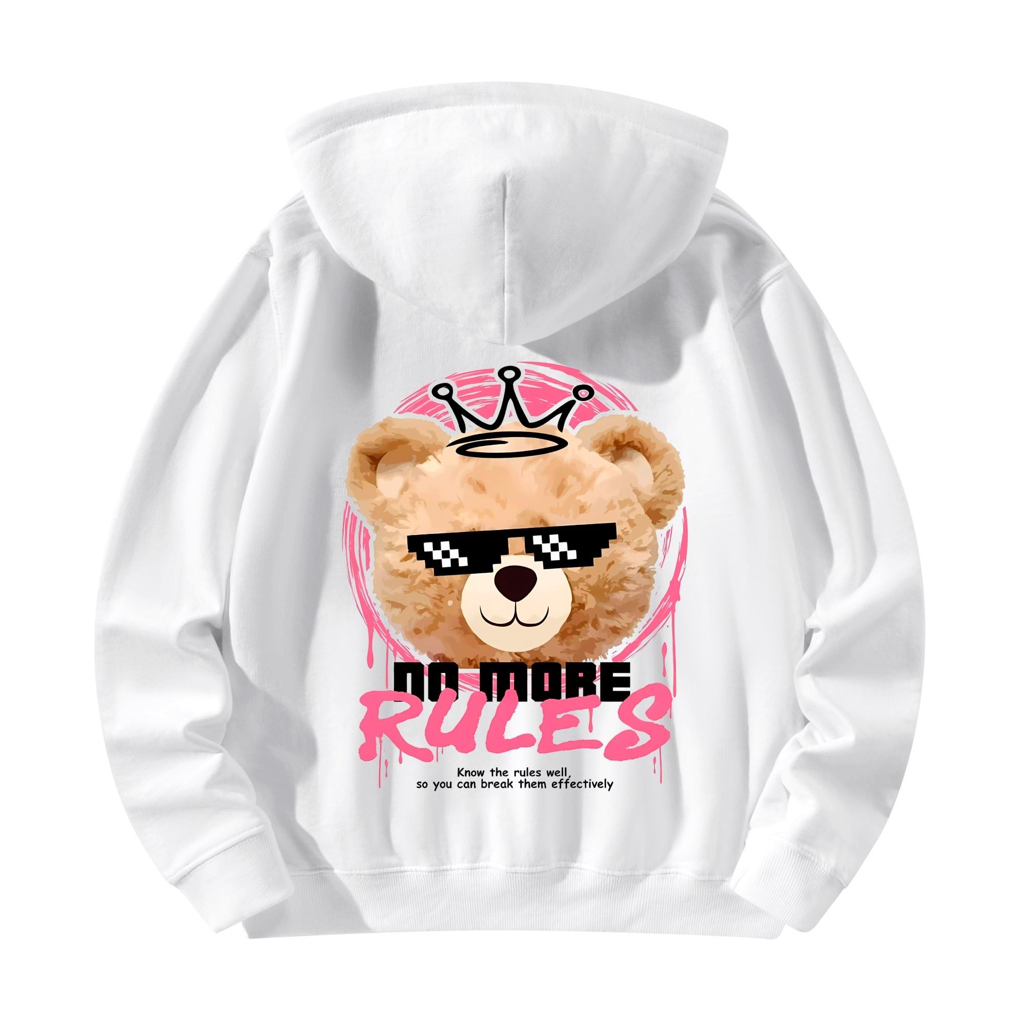 Sudadera blanca y gris con estampado frontal de oso rebelde, gafas pixeladas y lema 'NO MORE RULES' en marco rosa dinámico.