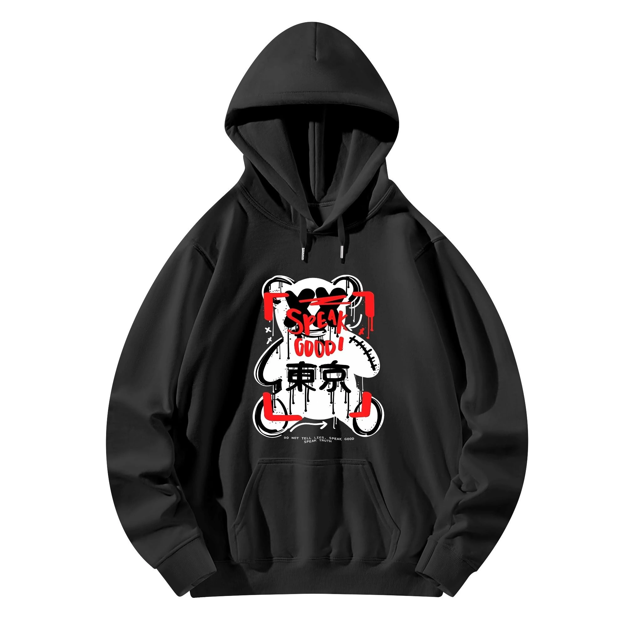 Oso Gráfico Tokyo Cotton Hoodie with bold bear graphic design and 'SPEAK GOOD!' text, available in black and navy blue.