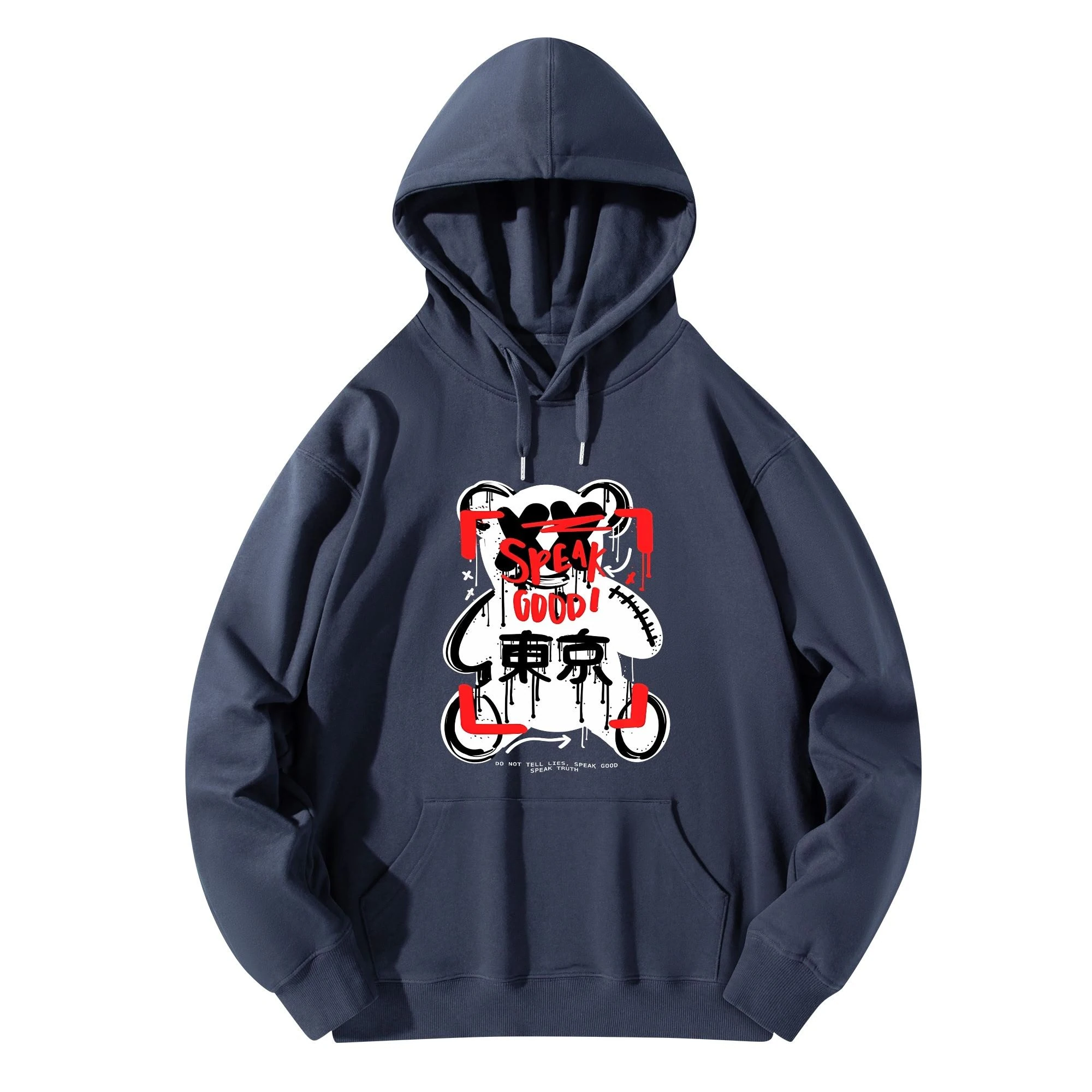 Oso Gráfico Tokyo Cotton Hoodie with bold bear graphic design and 'SPEAK GOOD!' text, available in black and navy blue.