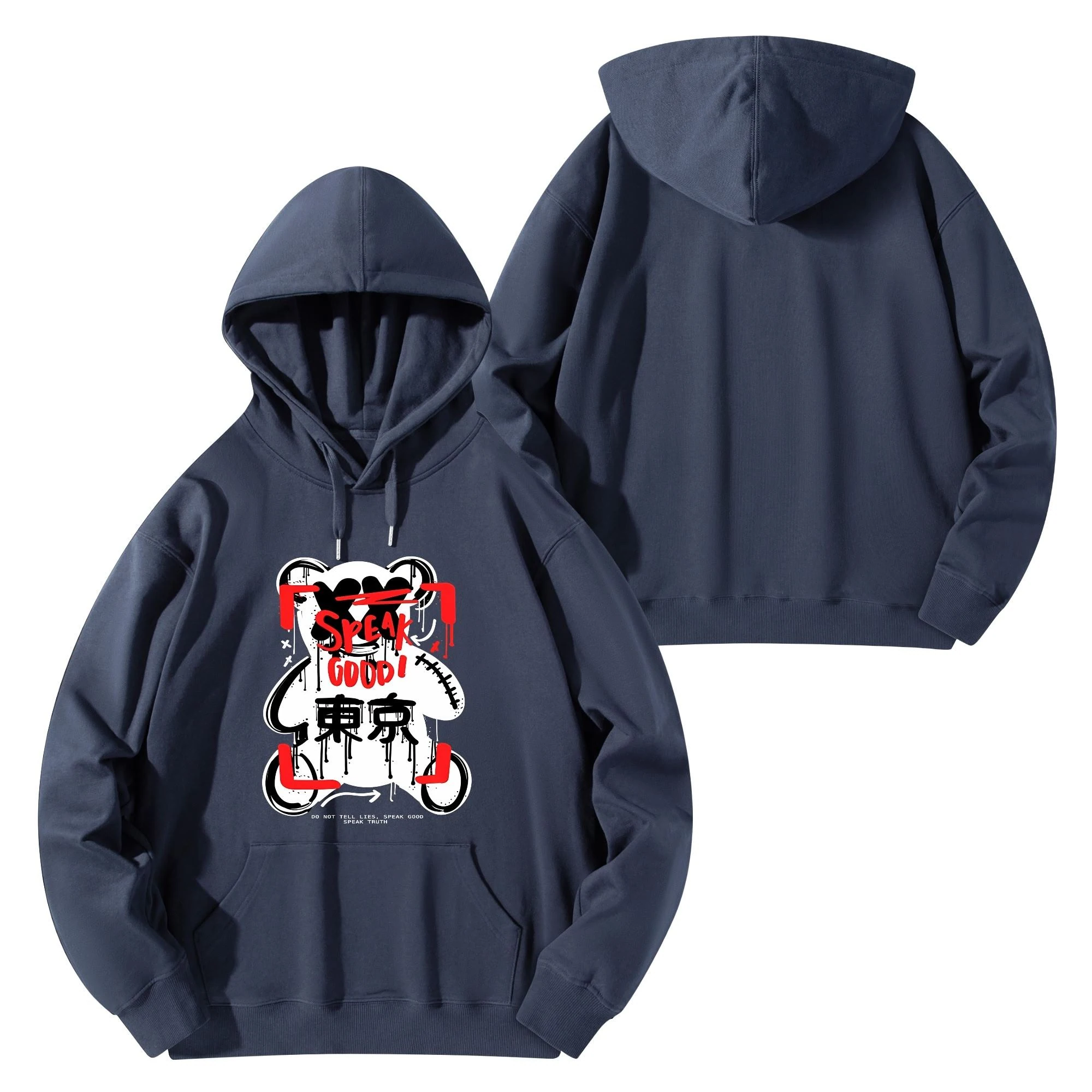 Oso Gráfico Tokyo Cotton Hoodie with bold bear graphic design and 'SPEAK GOOD!' text, available in black and navy blue.