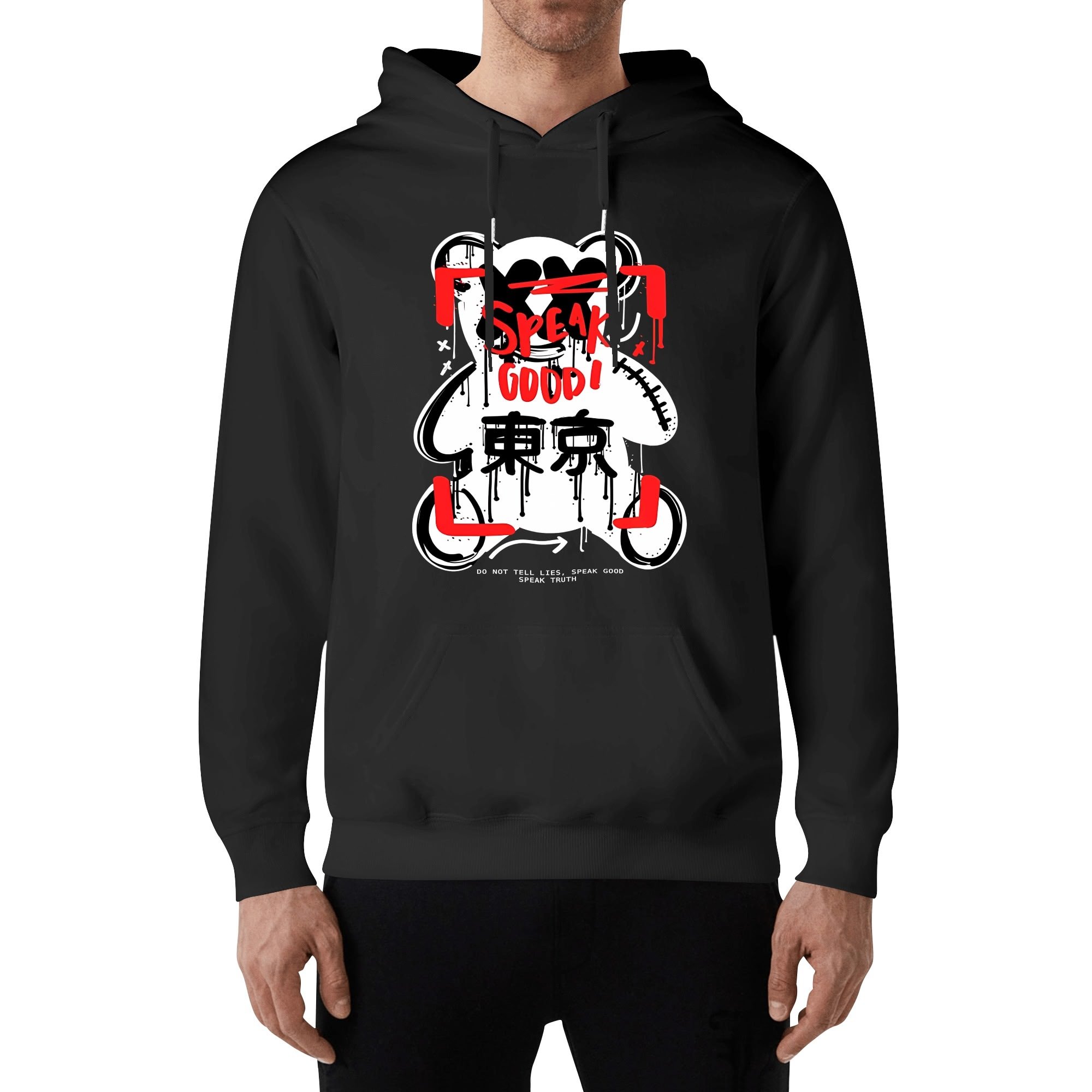 Oso Gráfico Tokyo Cotton Hoodie with bold bear graphic design and 'SPEAK GOOD!' text, available in black and navy blue.