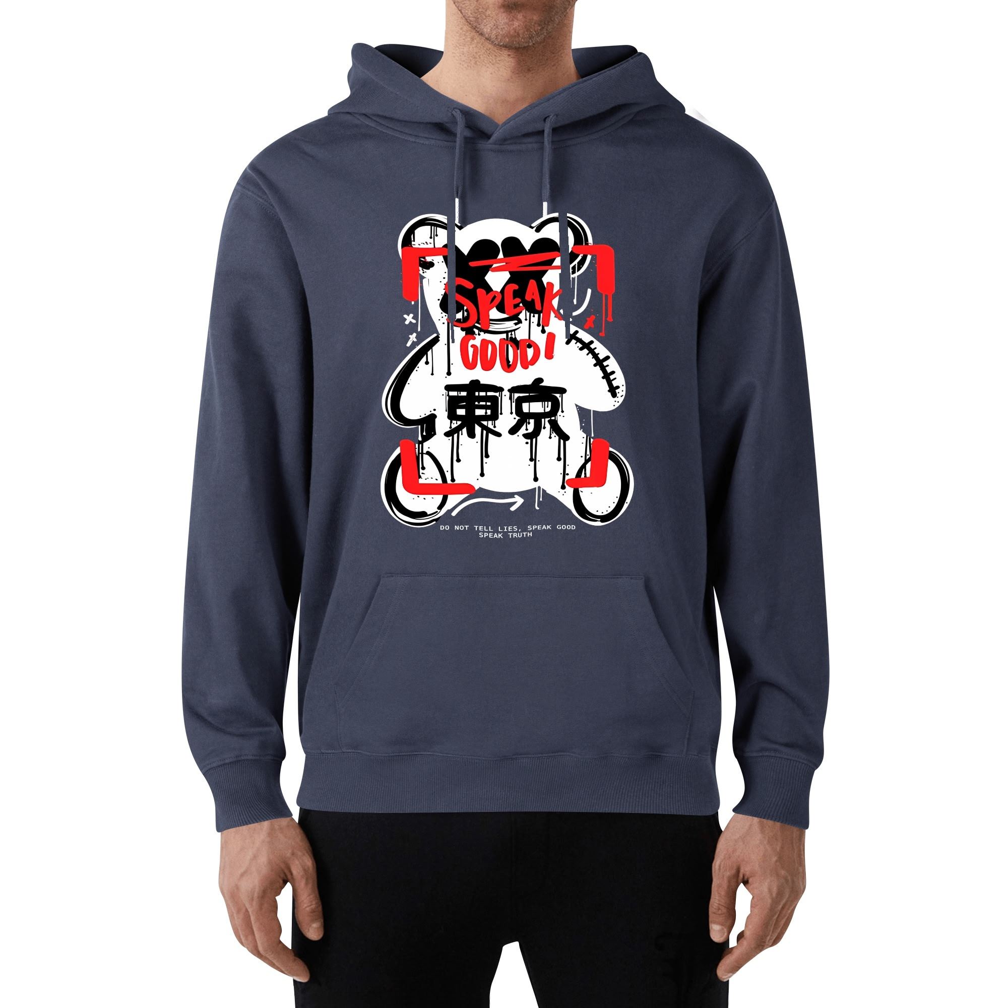 Oso Gráfico Tokyo Cotton Hoodie with bold bear graphic design and 'SPEAK GOOD!' text, available in black and navy blue.