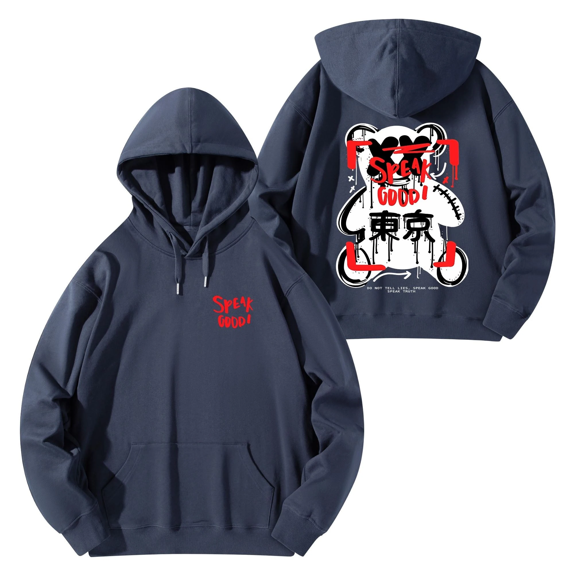 Sudadera negra con diseño gráfico de un oso estilizado y el texto "SPEAK GOOD!" en letras rojas, ideal para un estilo urbano y moderno. Detalle de la parte trasera de la sudadera, mostrando el diseño del oso estilizado en colores rojo y blanco, con caracteres japoneses "東京" (Tokio).