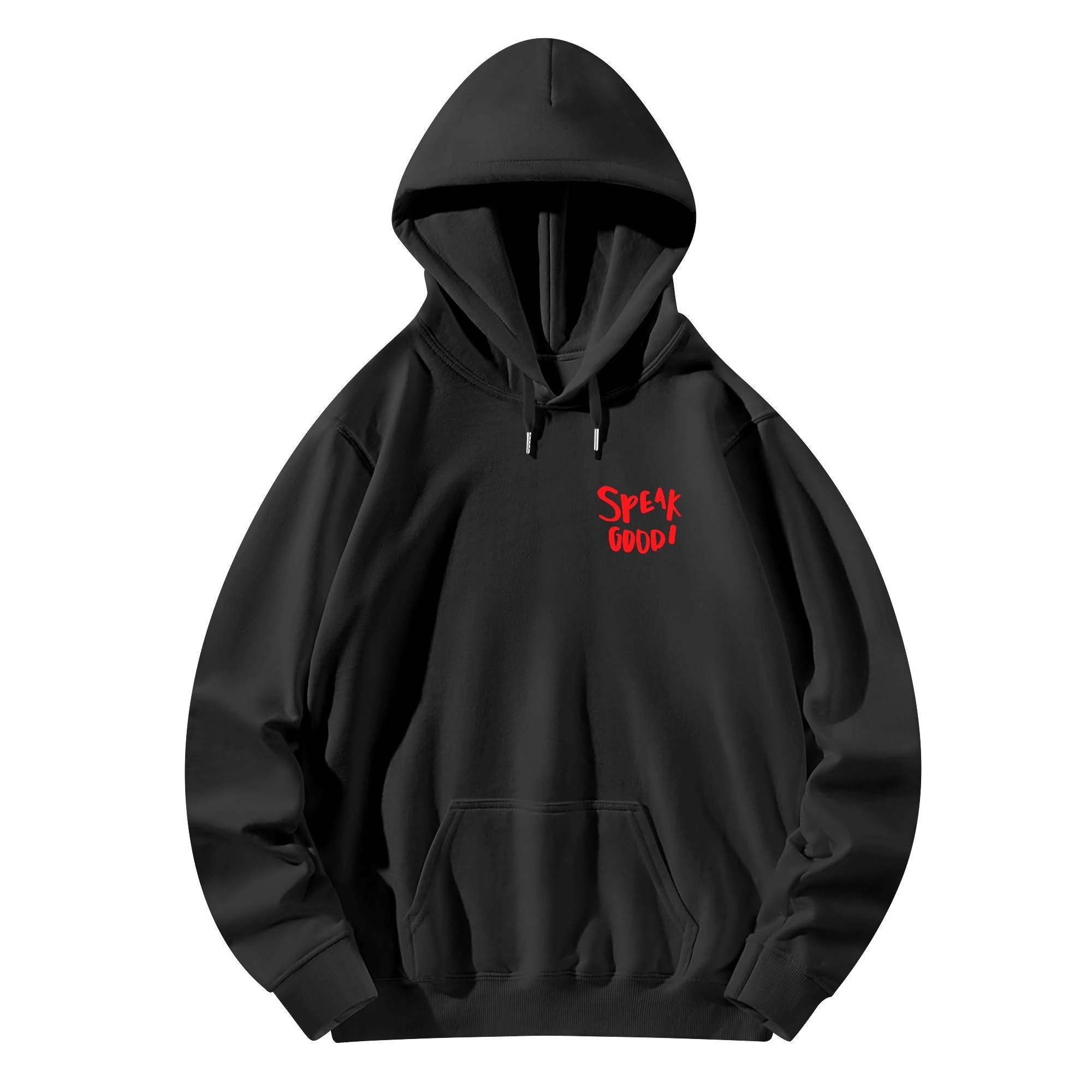 Sudadera negra con diseño gráfico de un oso estilizado y el texto "SPEAK GOOD!" en letras rojas, ideal para un estilo urbano y moderno.