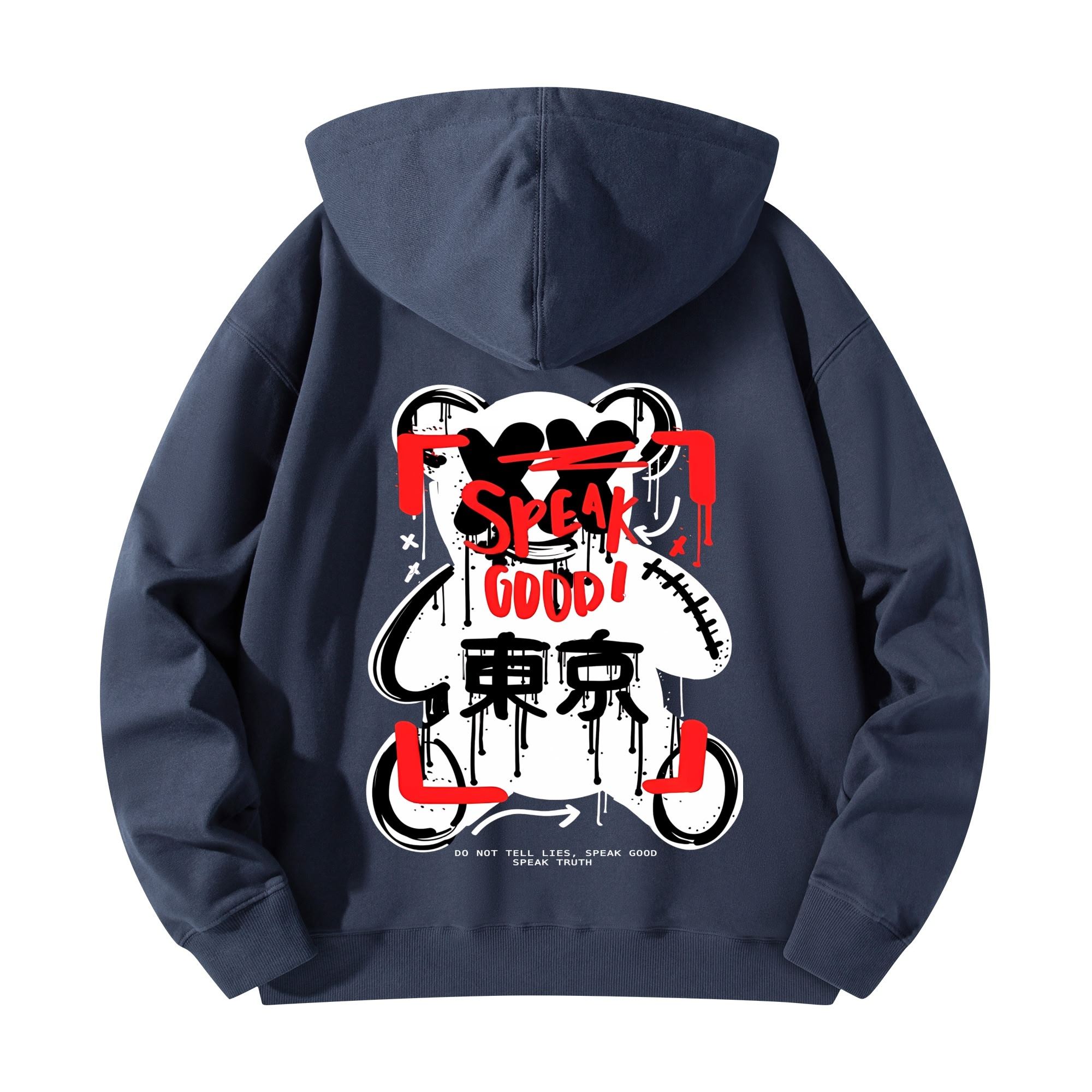 Detalle de la parte trasera de la sudadera, mostrando el diseño del oso estilizado en colores rojo y blanco, con caracteres japoneses "東京" (Tokio).