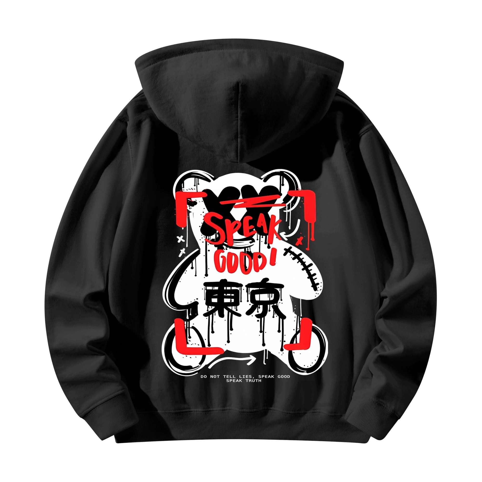 Detalle de la parte trasera de la sudadera, mostrando el diseño del oso estilizado en colores rojo y blanco, con caracteres japoneses "東京" (Tokio).