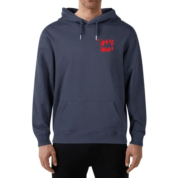 Sudadera negra con diseño gráfico de un oso estilizado y el texto "SPEAK GOOD!" en letras rojas, ideal para un estilo urbano y moderno.