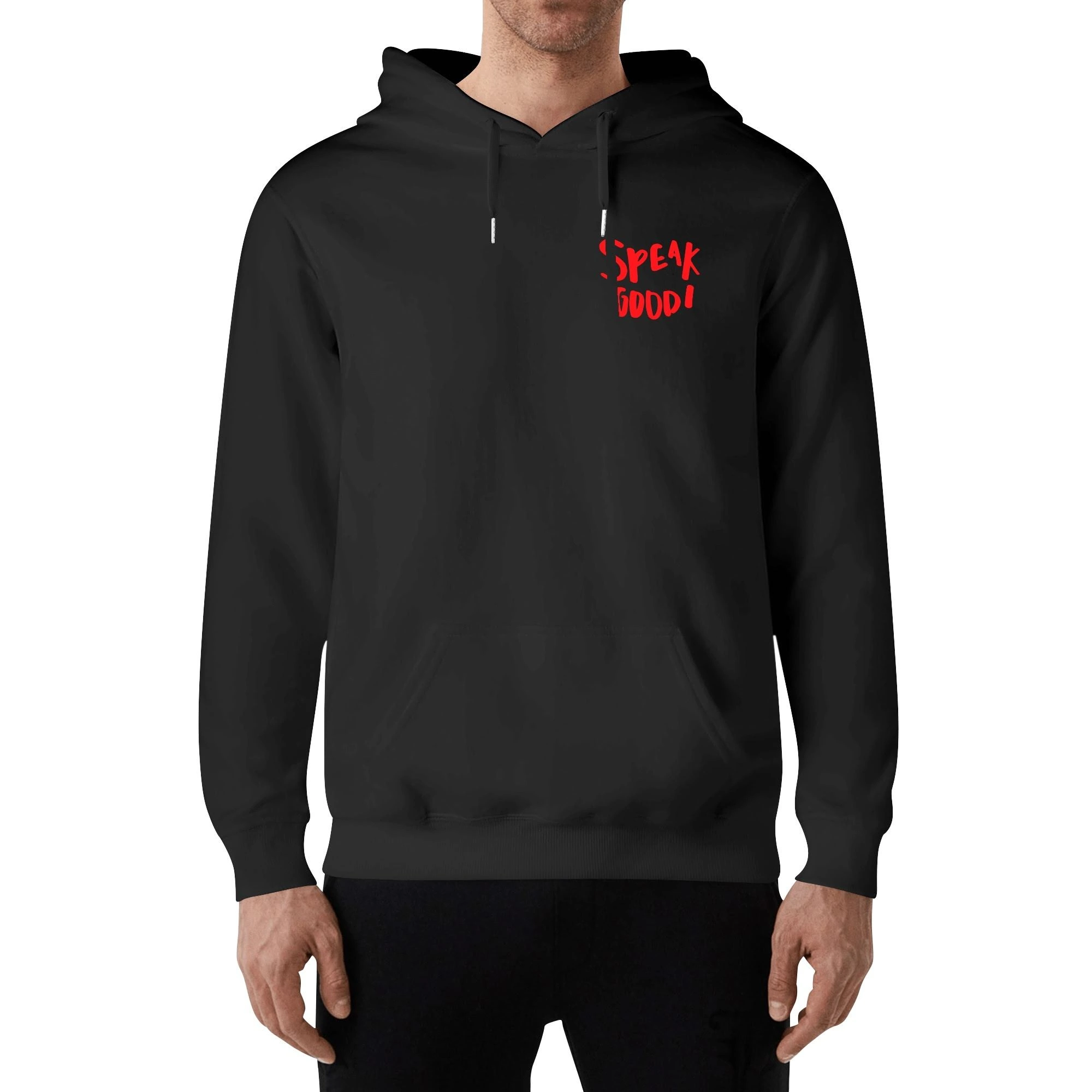 Sudadera negra con diseño gráfico de un oso estilizado y el texto "SPEAK GOOD!" en letras rojas, ideal para un estilo urbano y moderno.
