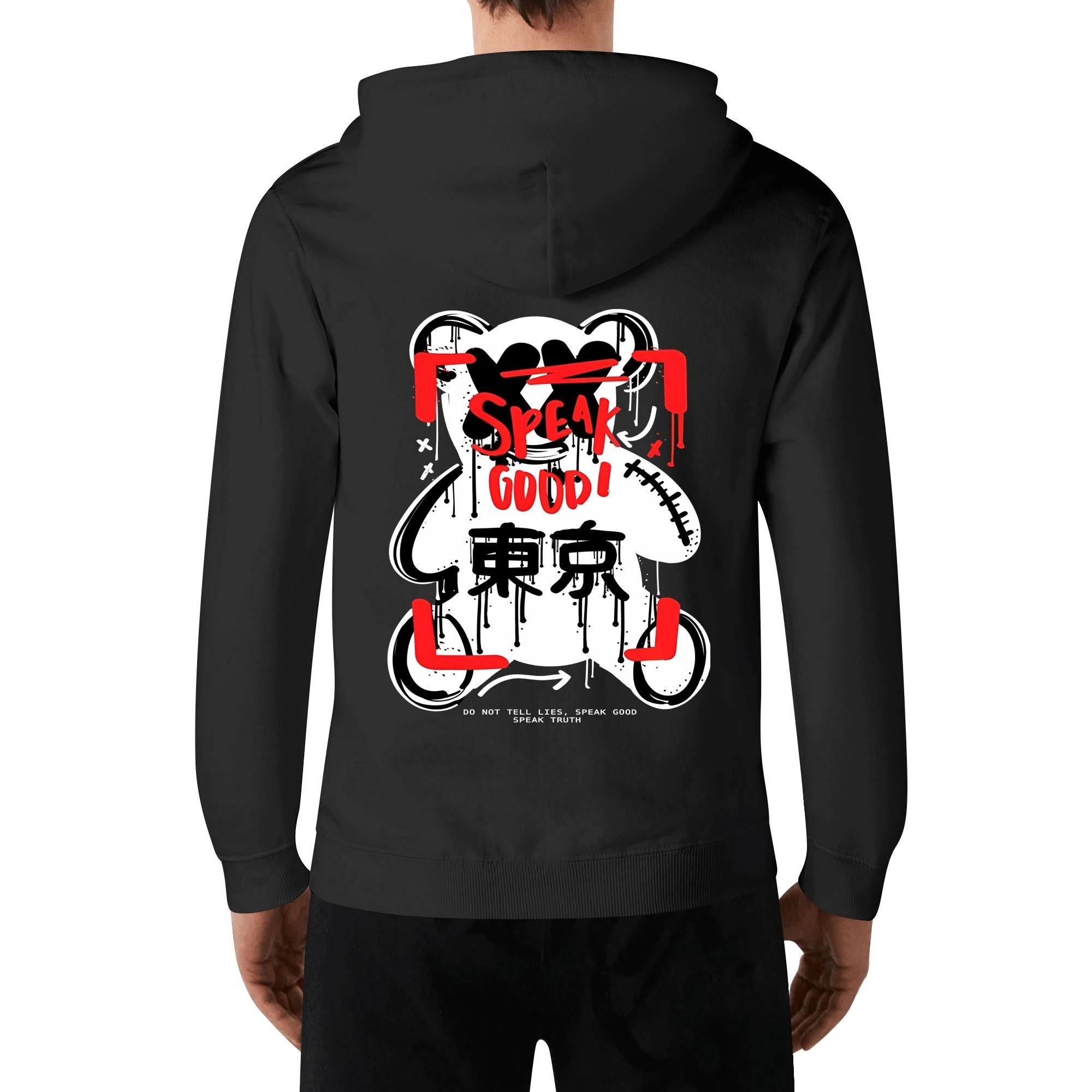 Detalle de la parte trasera de la sudadera, mostrando el diseño del oso estilizado en colores rojo y blanco, con caracteres japoneses "東京" (Tokio).