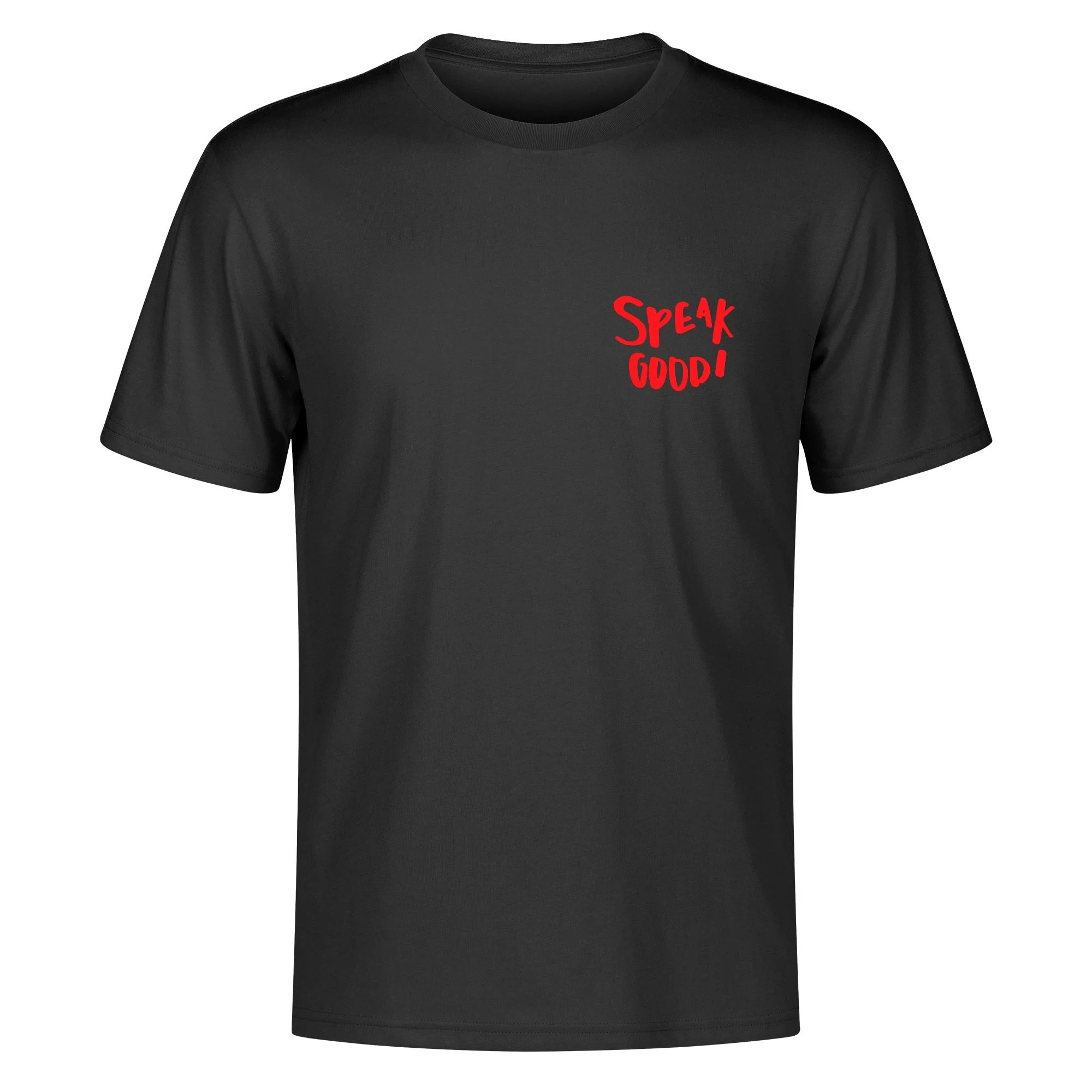Camiseta streetwear negra con estampado frontal 'SPEAK GOOD!' en rojo y diseño trasero de oso urbano estilo manga con ojos X y detalles de pintura spray. Tallas S a 5XL.