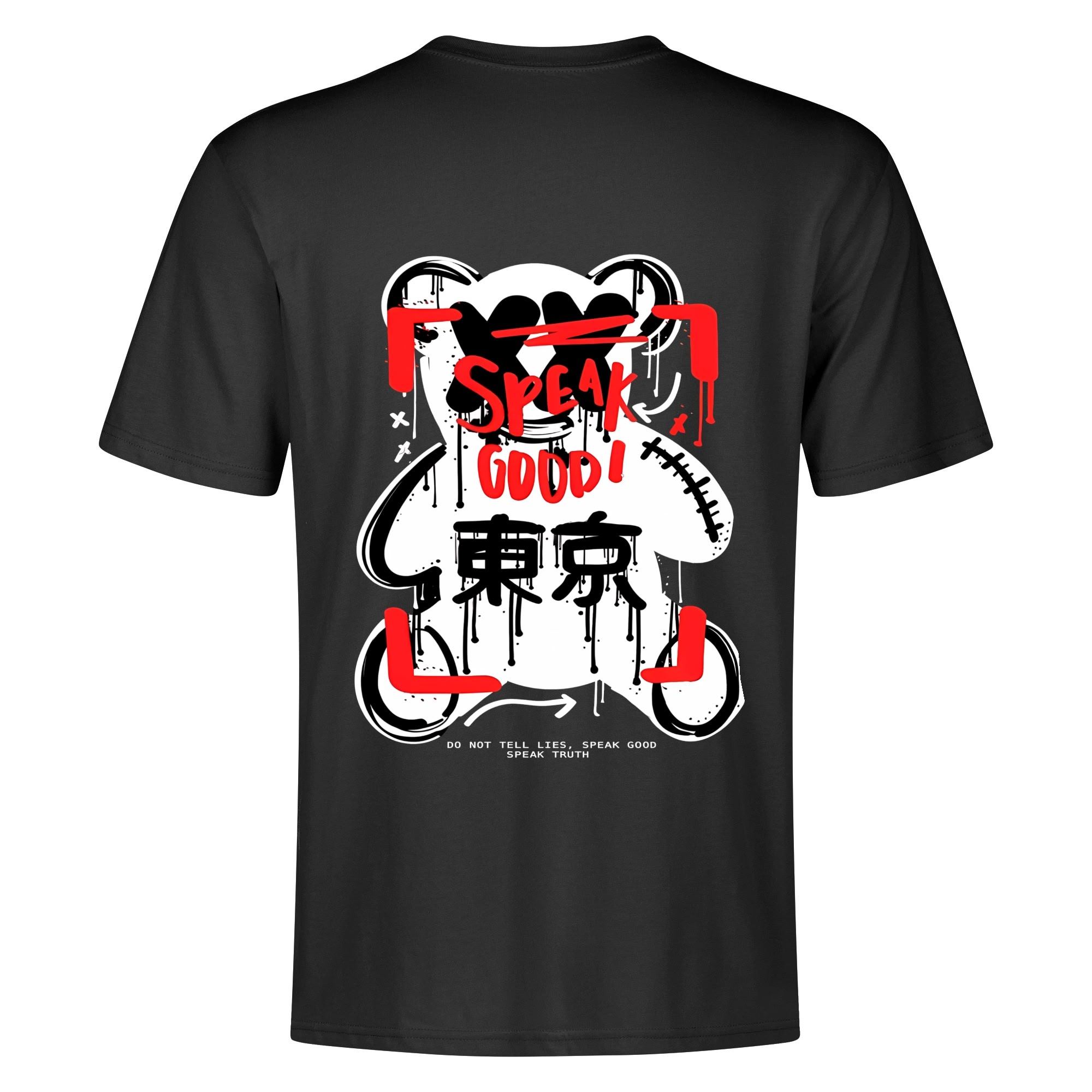 Camiseta streetwear negra con estampado frontal 'SPEAK GOOD!' en rojo y diseño trasero de oso urbano estilo manga con ojos X y detalles de pintura spray. Tallas S a 5XL.