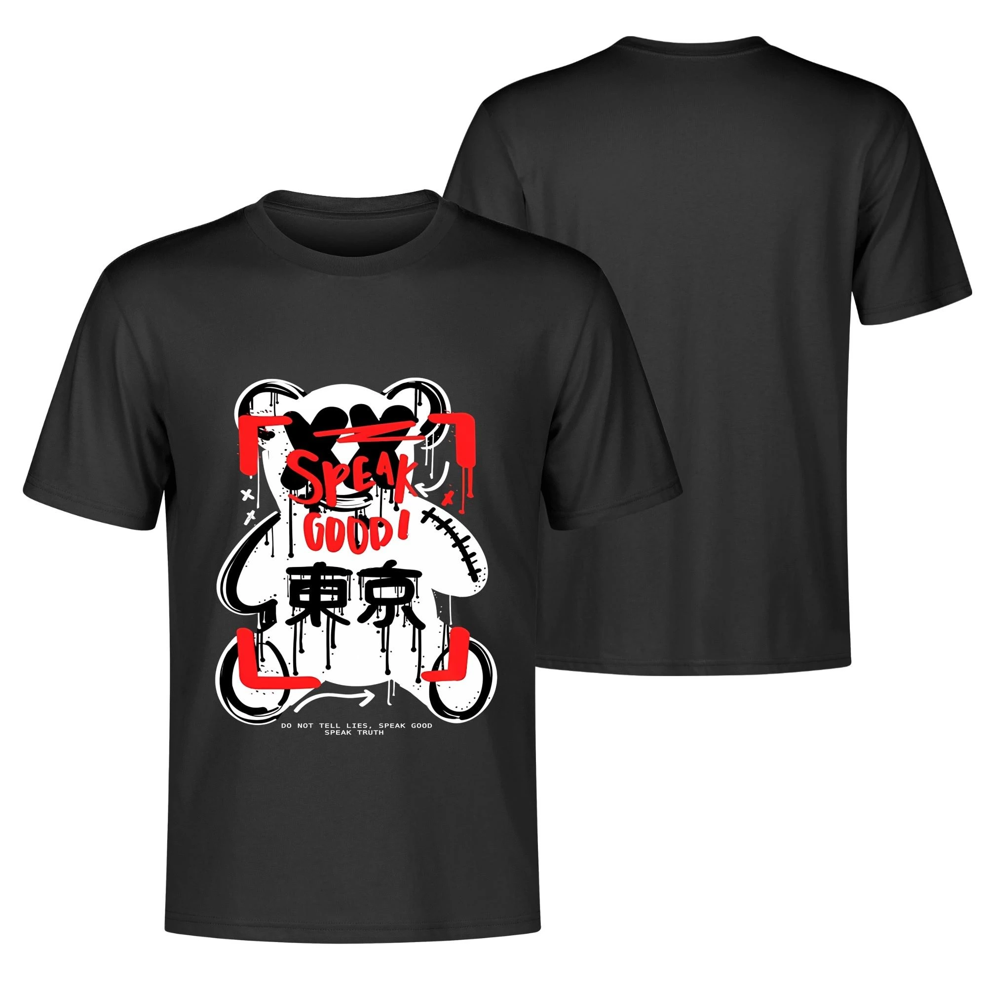 Camiseta negra con estampado frontal de oso estilizado, detalles rojos y texto 'SPEAK GOOD!' junto a caracteres japoneses 東京.
