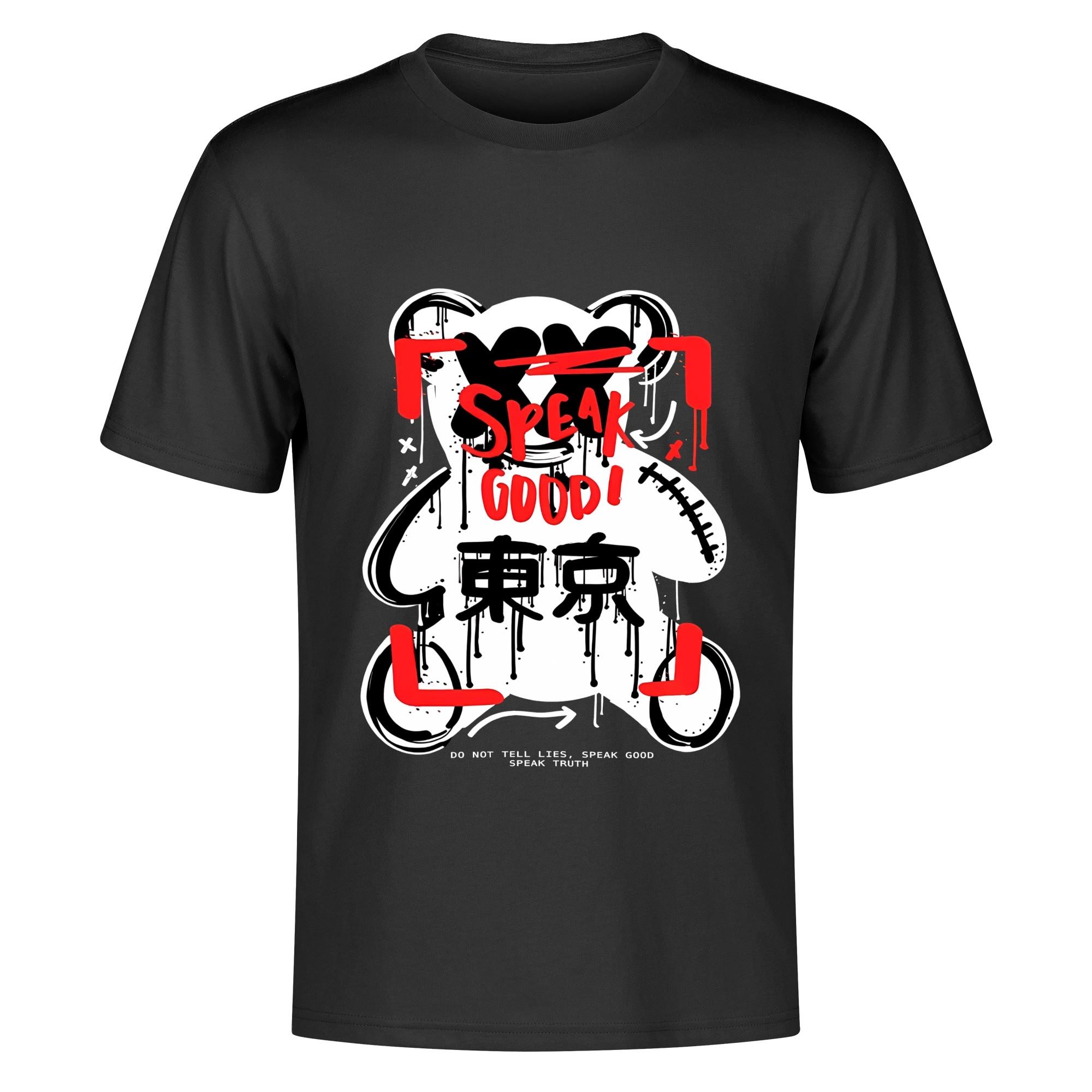 Camiseta negra con estampado frontal de oso estilizado, detalles rojos y texto 'SPEAK GOOD!' junto a caracteres japoneses 東京.