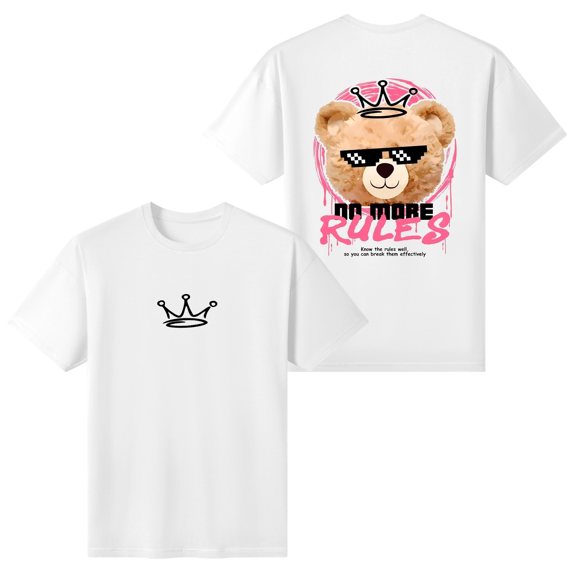 Frente de la camiseta blanca con corona dorada en marco rosa y detalles de pinceladas.