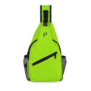 Imagen de la Mochila Neón Activa, una bandolera de diseño urbano en vibrante color verde neón, con bolsillos laterales de malla, compartimento frontal con cremallera y correa ajustable para un ajuste ergonómico y cómodo.