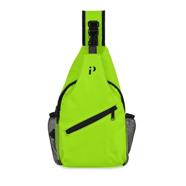 Imagen de la Mochila Neón Activa, una bandolera de diseño urbano en vibrante color verde neón, con bolsillos laterales de malla, compartimento frontal con cremallera y correa ajustable para un ajuste ergonómico y cómodo.