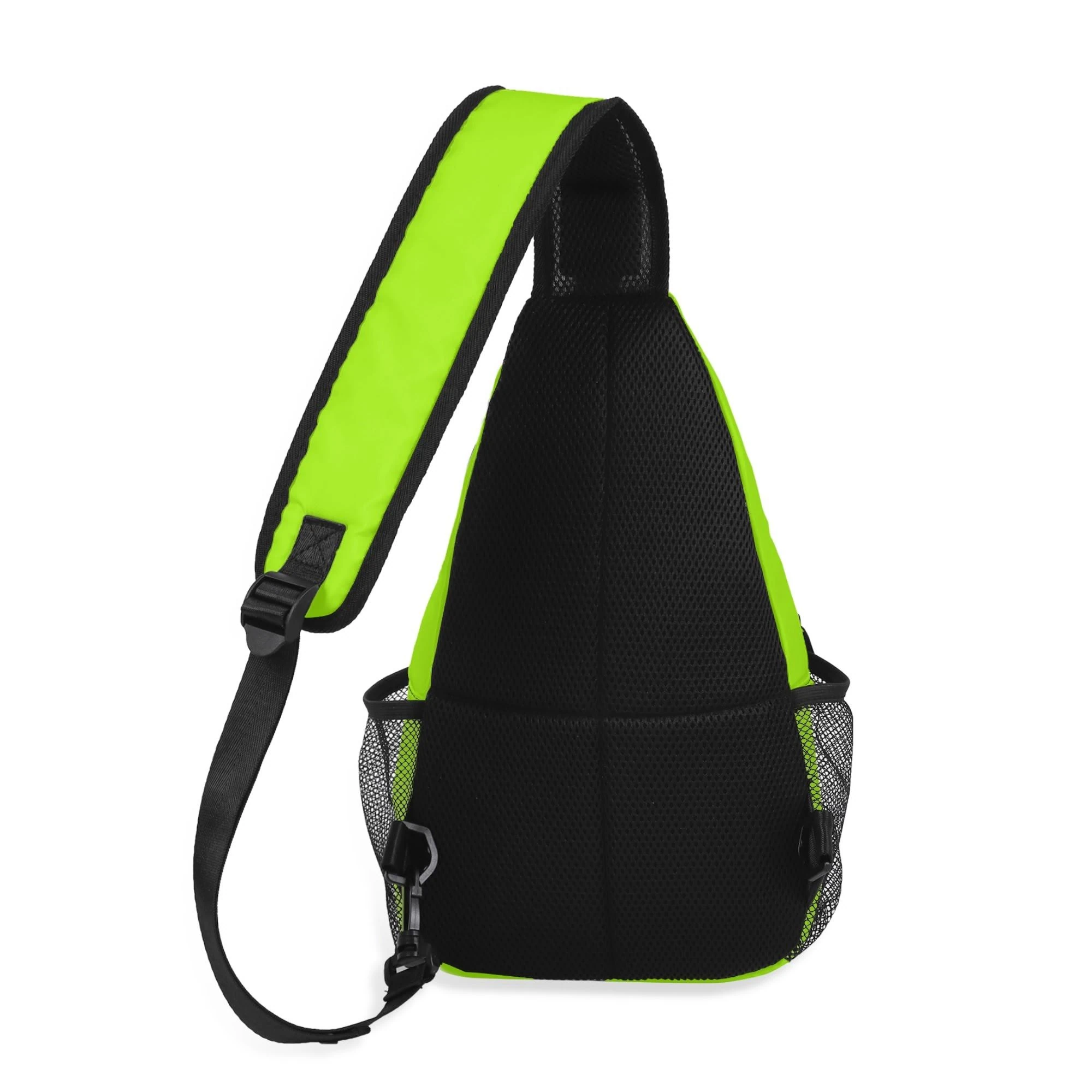 Imagen de la Mochila Neón Activa, una bandolera de diseño urbano en vibrante color verde neón, con bolsillos laterales de malla, compartimento frontal con cremallera y correa ajustable para un ajuste ergonómico y cómodo.