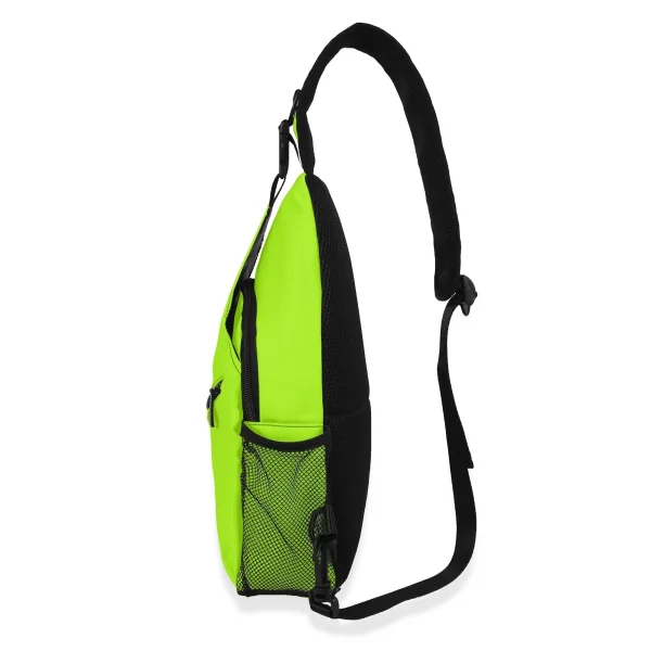 Imagen de la Mochila Neón Activa, una bandolera de diseño urbano en vibrante color verde neón, con bolsillos laterales de malla, compartimento frontal con cremallera y correa ajustable para un ajuste ergonómico y cómodo.