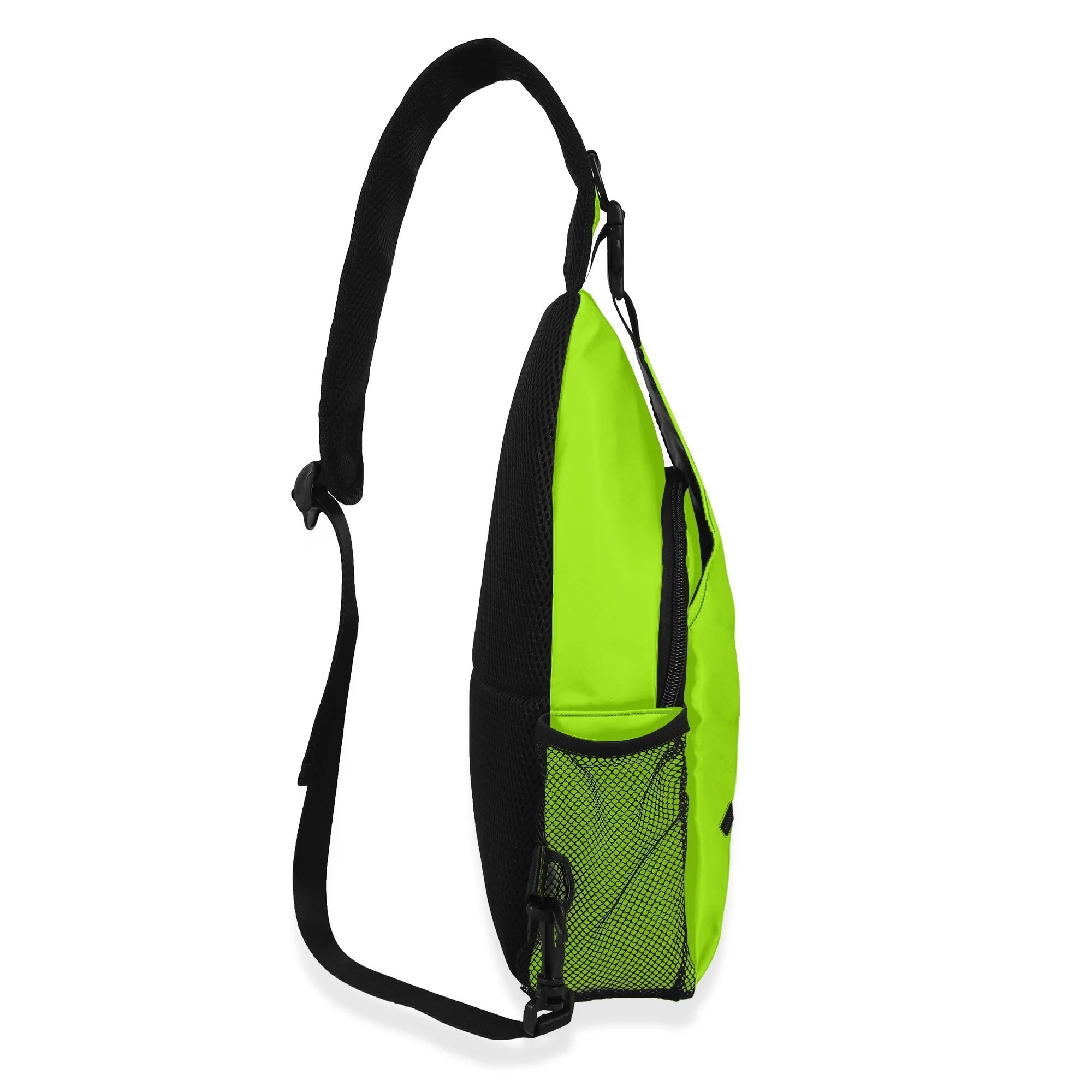 Imagen de la Mochila Neón Activa, una bandolera de diseño urbano en vibrante color verde neón, con bolsillos laterales de malla, compartimento frontal con cremallera y correa ajustable para un ajuste ergonómico y cómodo.