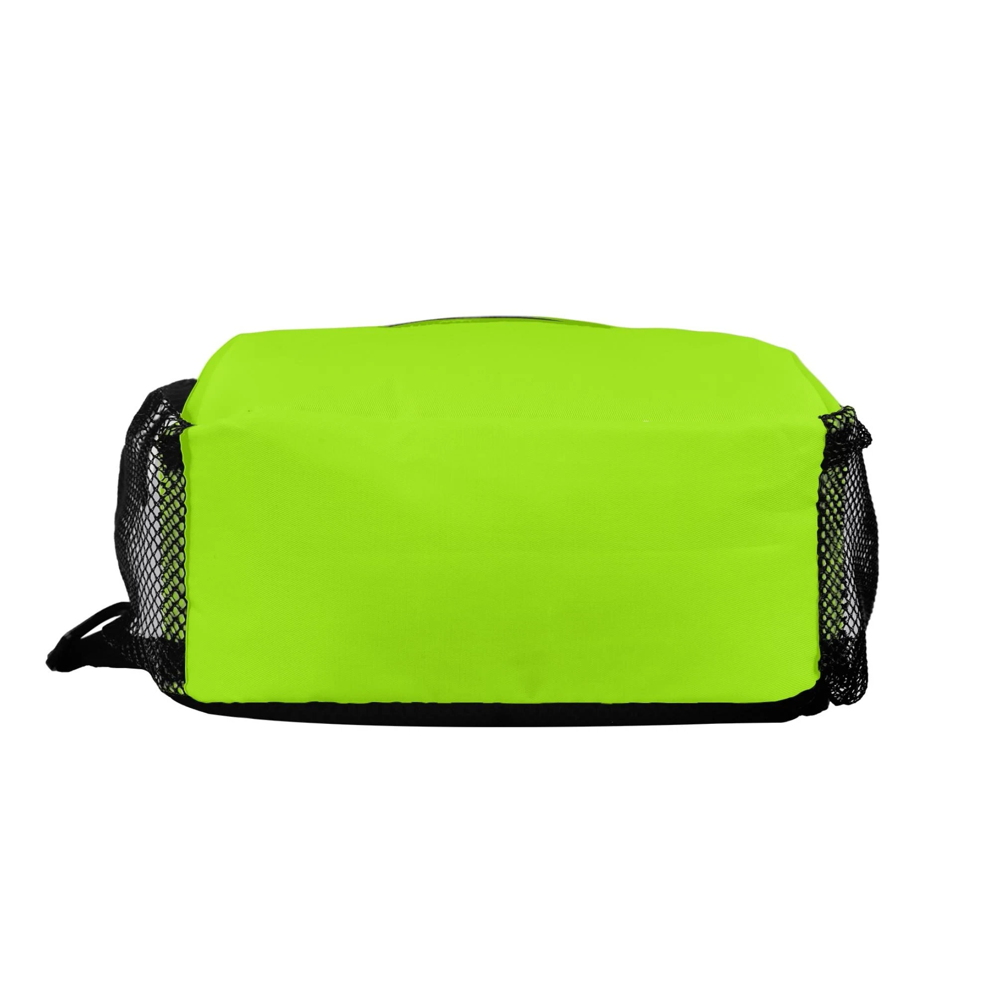 Imagen de la Mochila Neón Activa, una bandolera de diseño urbano en vibrante color verde neón, con bolsillos laterales de malla, compartimento frontal con cremallera y correa ajustable para un ajuste ergonómico y cómodo.