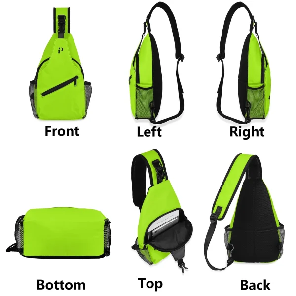 Imagen de la Mochila Neón Activa, una bandolera de diseño urbano en vibrante color verde neón, con bolsillos laterales de malla, compartimento frontal con cremallera y correa ajustable para un ajuste ergonómico y cómodo.