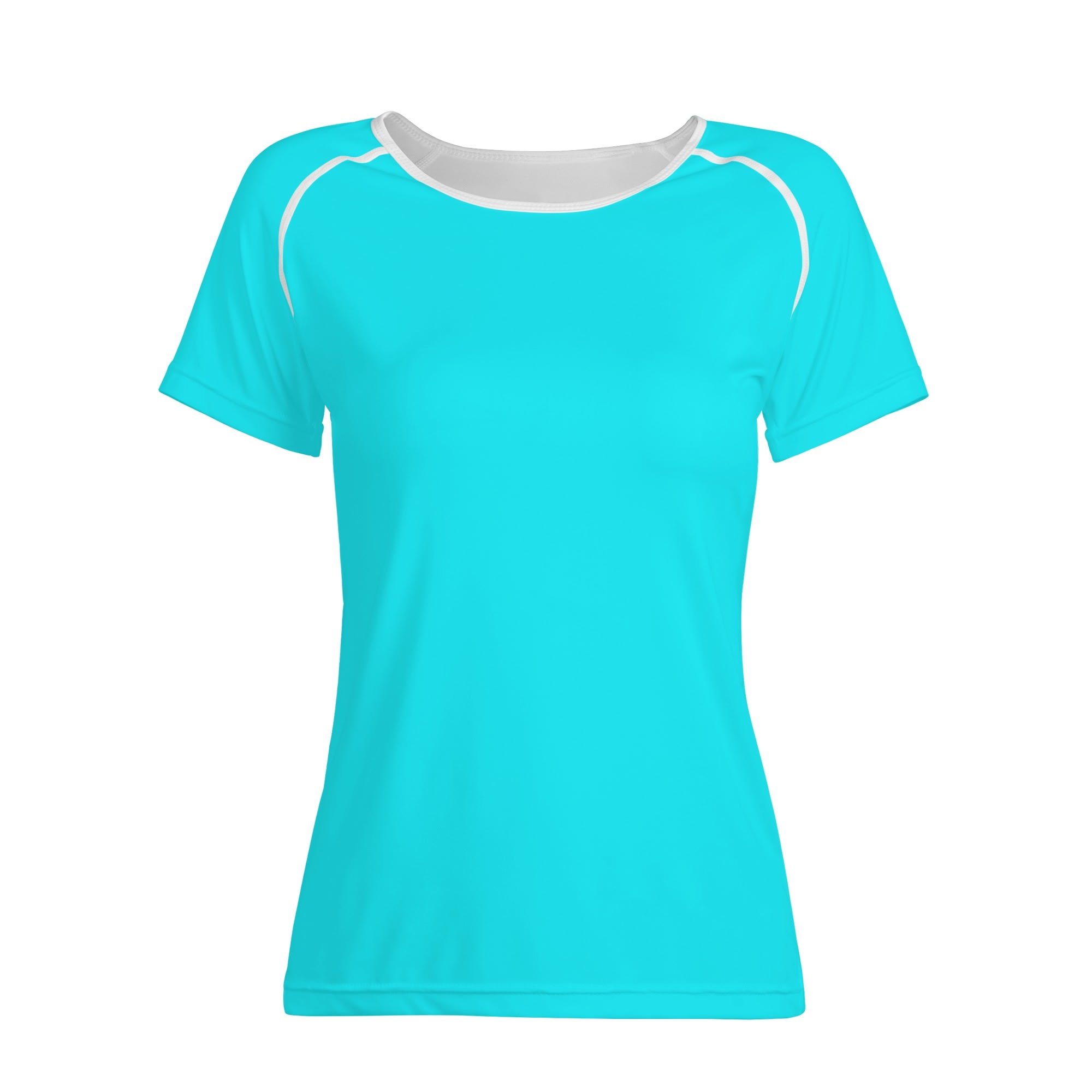 Camiseta de mujer con estampado integral en azul turquesa brillante, diseño moderno y ajuste elástico para mayor comodidad.