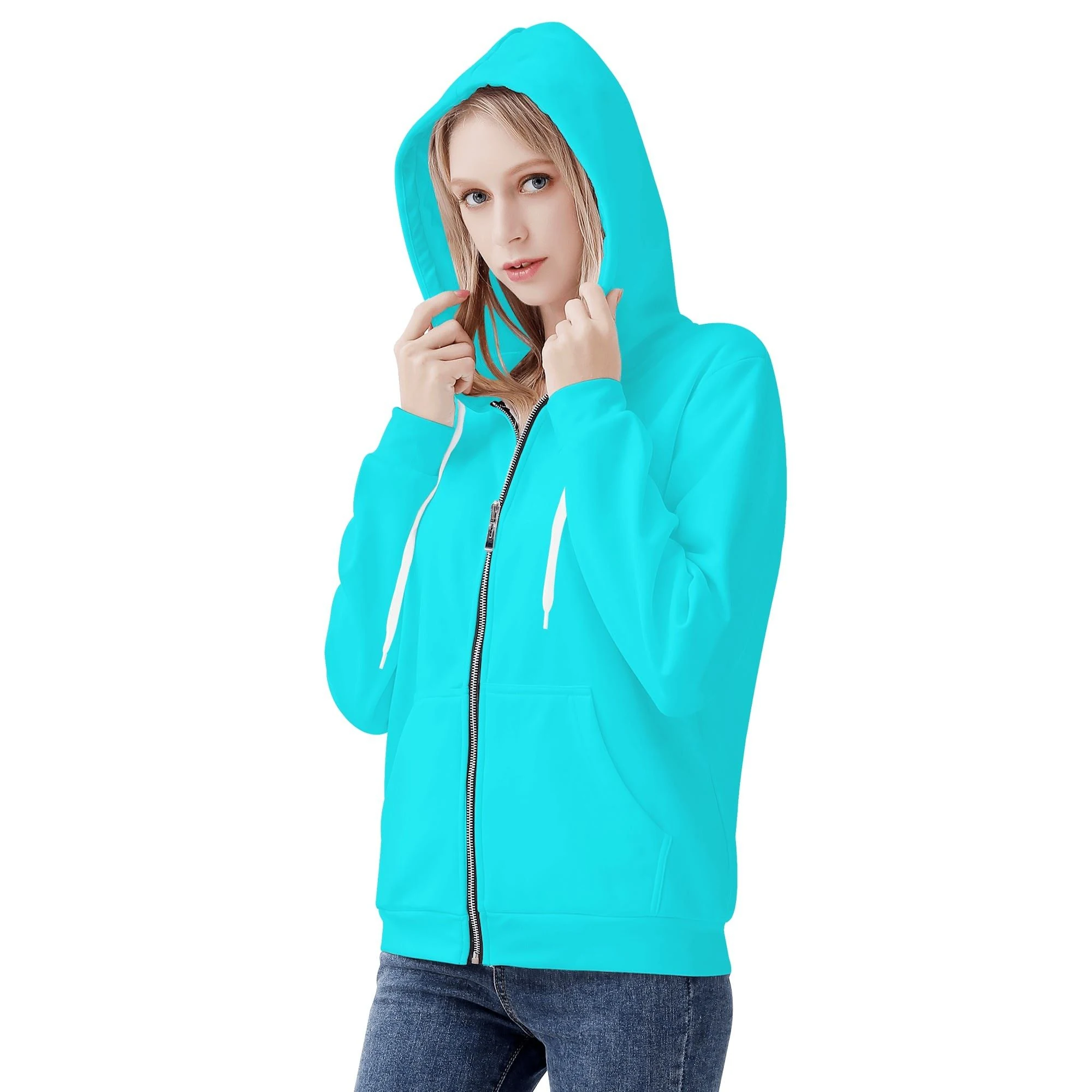 Imagen de la Sudadera Azul Active, sudadera con cremallera en color azul turquesa brillante, con capucha y bolsillo canguro.