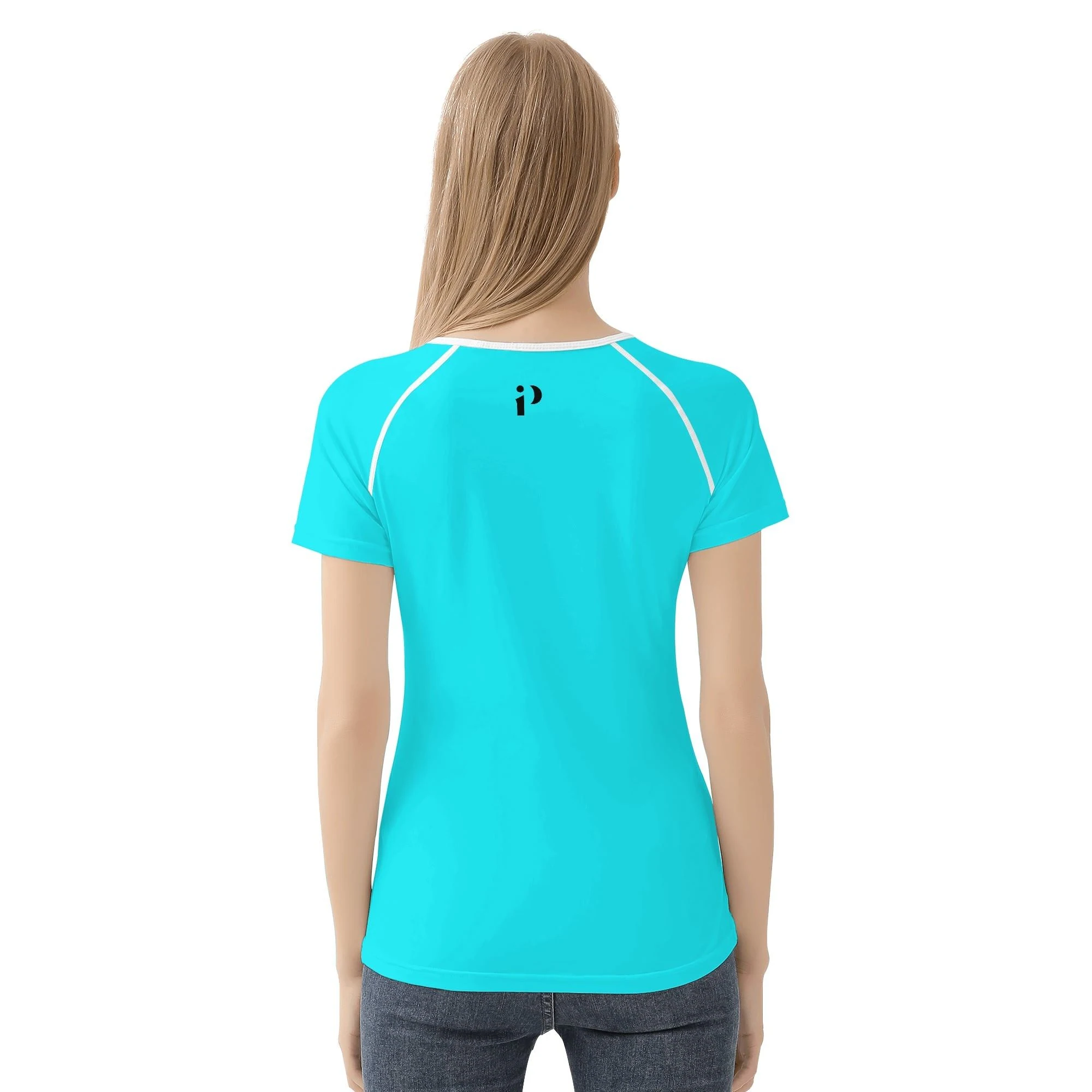 Camiseta de mujer con estampado integral en azul turquesa brillante, diseño moderno y ajuste elástico para mayor comodidad.