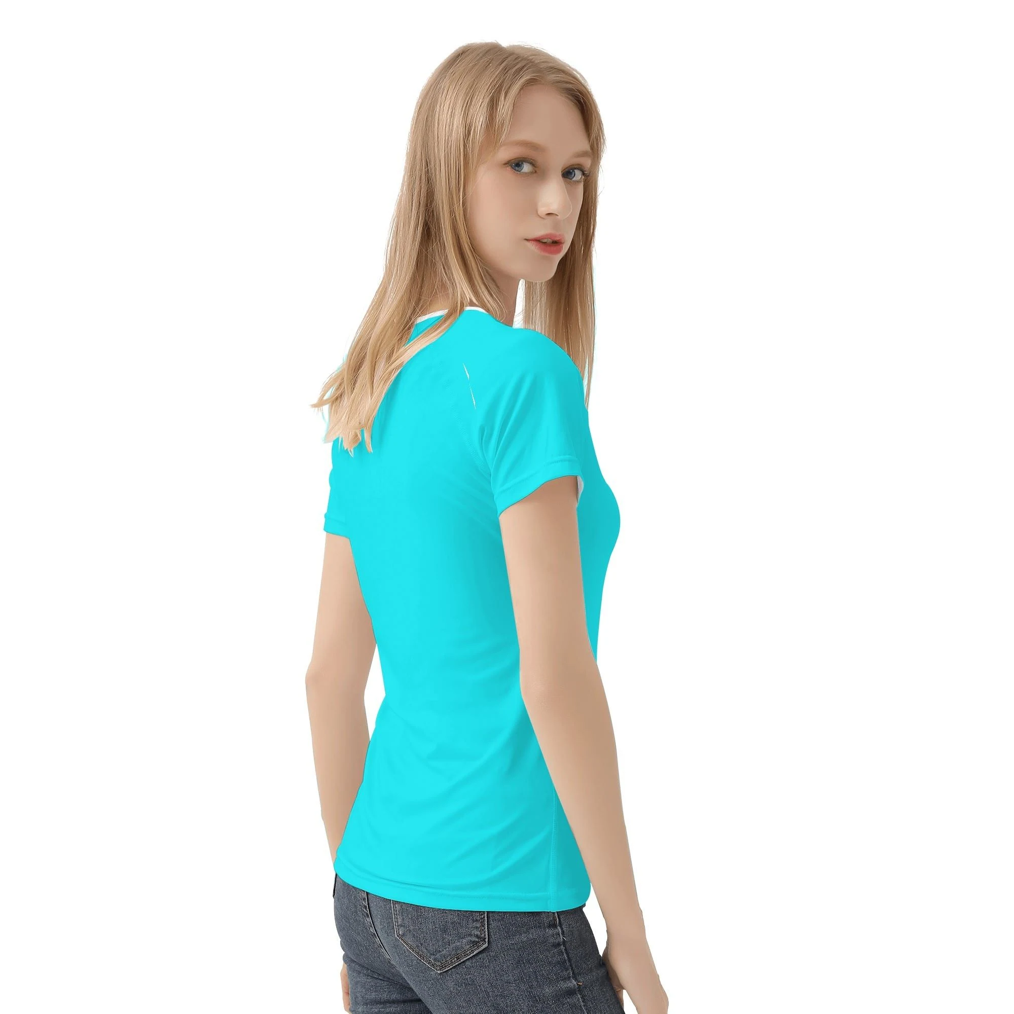 Camiseta de mujer con estampado integral en azul turquesa brillante, diseño moderno y ajuste elástico para mayor comodidad.