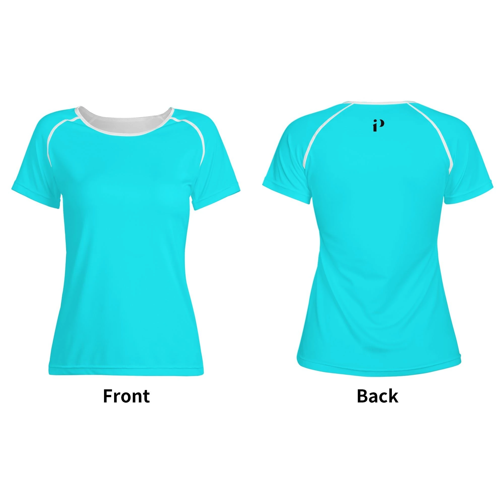 Camiseta de mujer con estampado integral en azul turquesa brillante, diseño moderno y ajuste elástico para mayor comodidad.