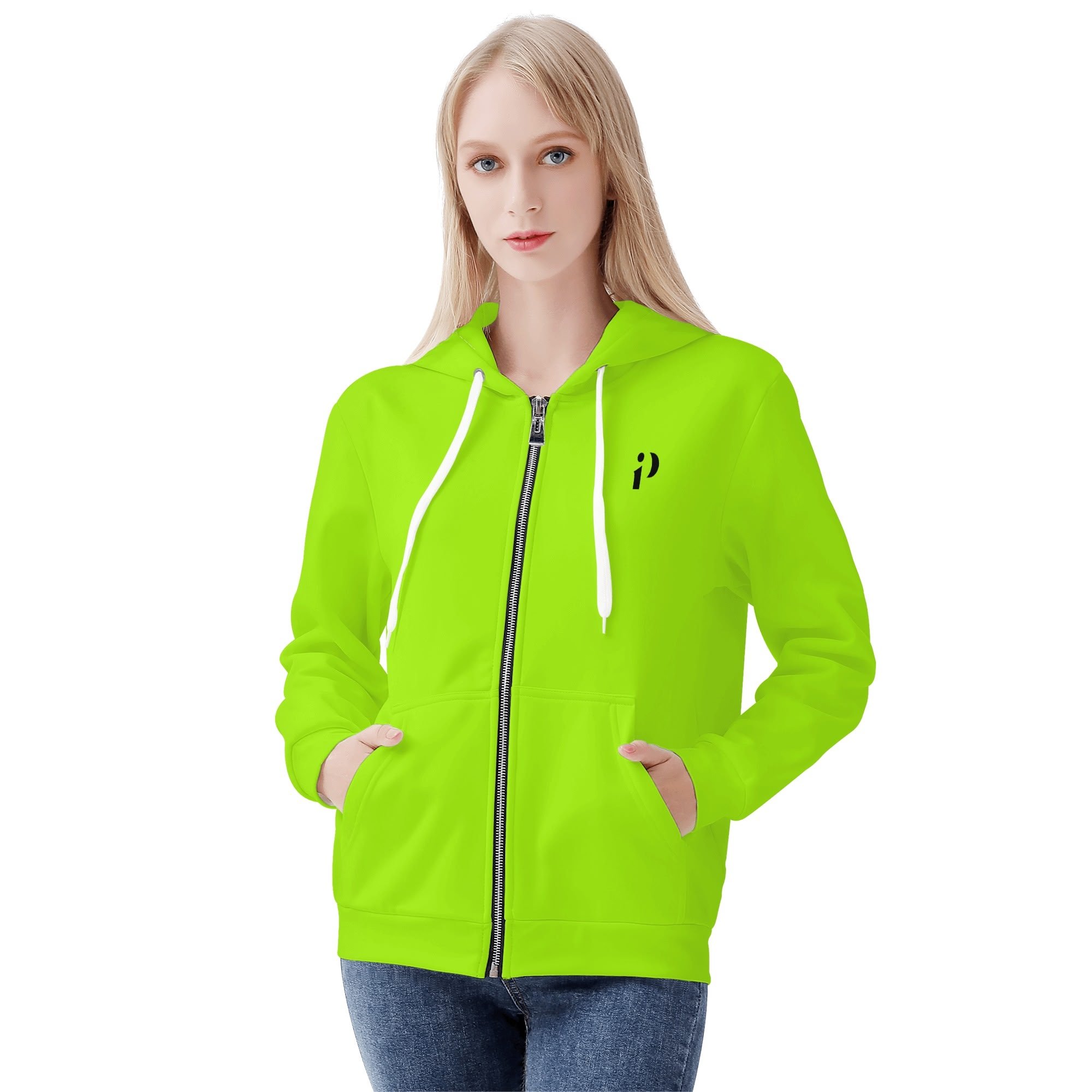Sudadera con capucha CozyFit en color verde neón con cremallera comple