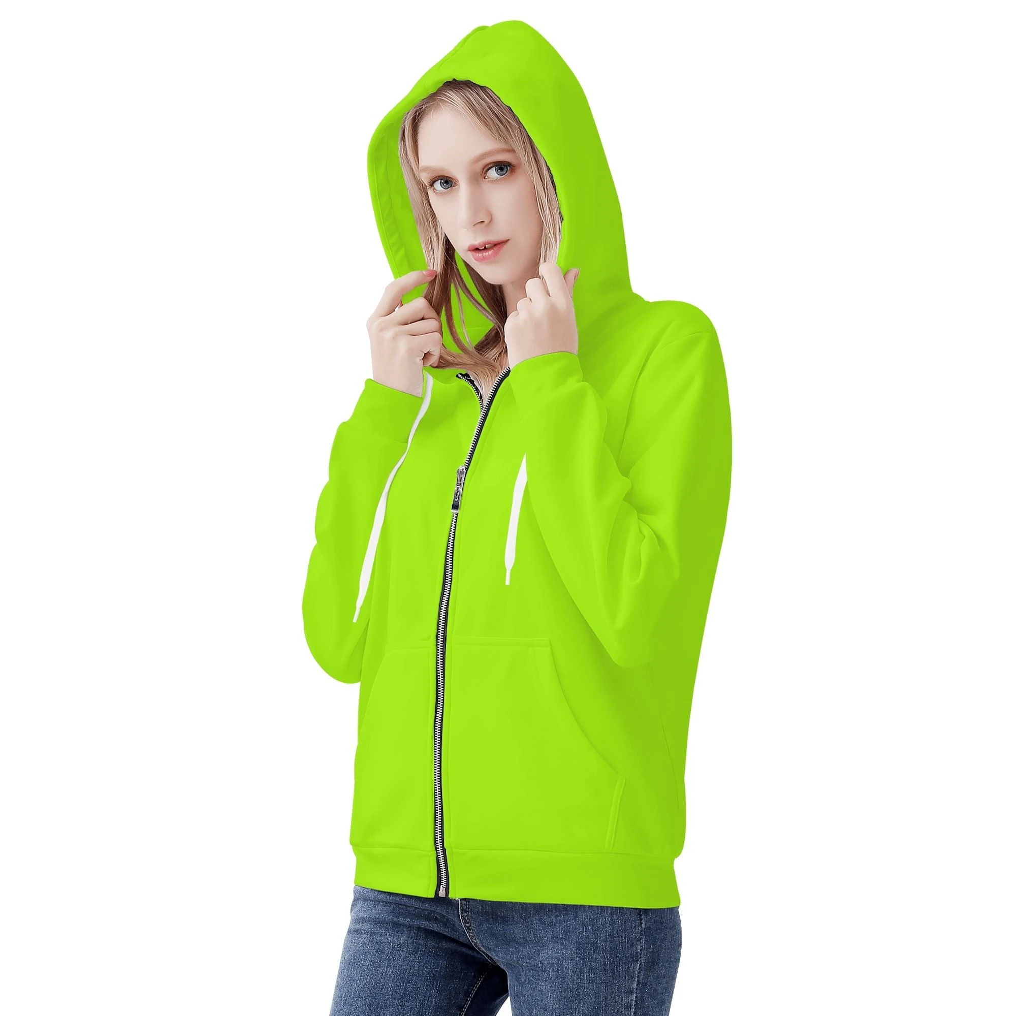 Sudadera con capucha CozyFit en color verde neón con cremallera comple