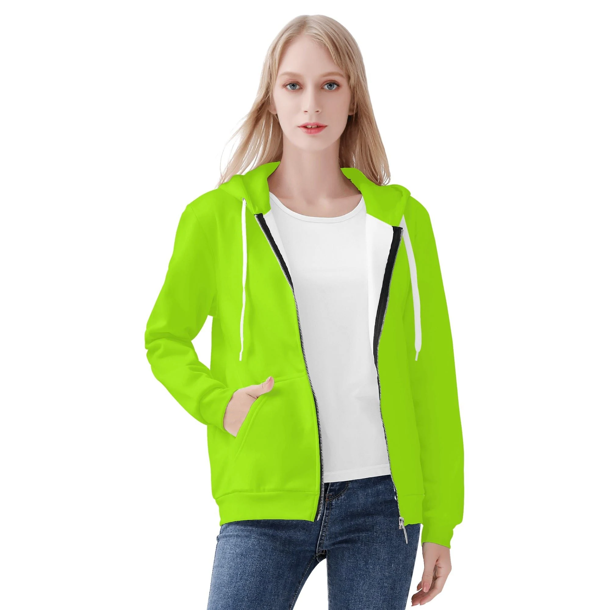 Sudadera con capucha CozyFit en color verde neón con cremallera comple