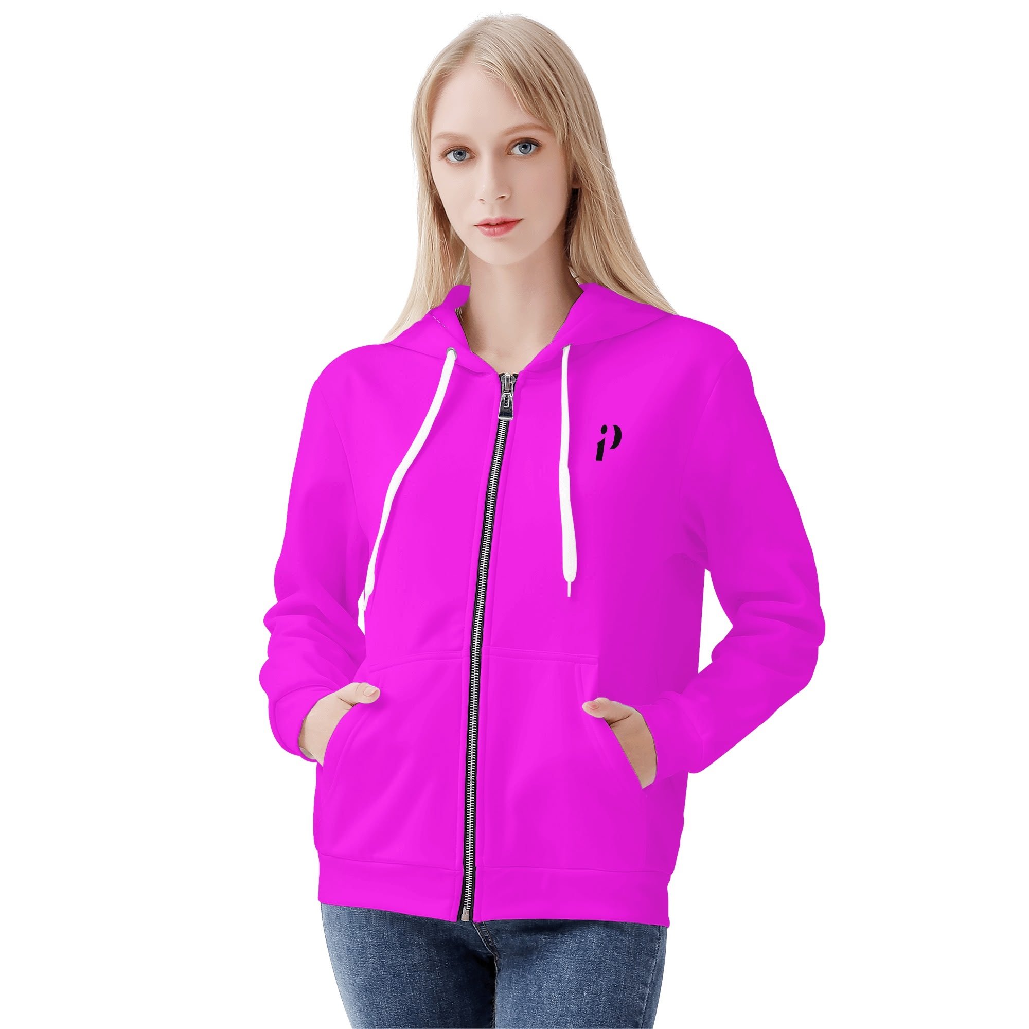 Sudadera Fucsia GlowFit con capucha ajustable y cremallera completa en color magenta brillante.
